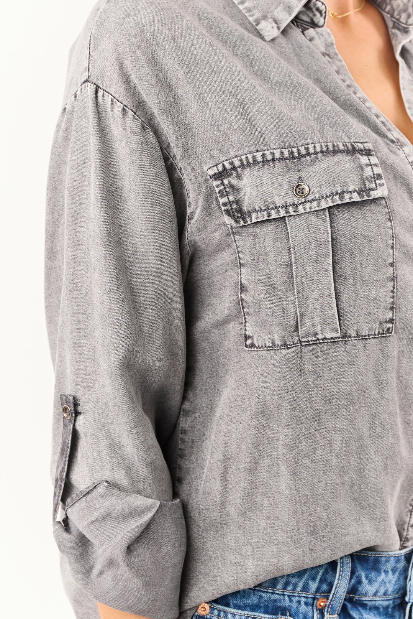 Steel Washed Chambray Denim Button Up Top