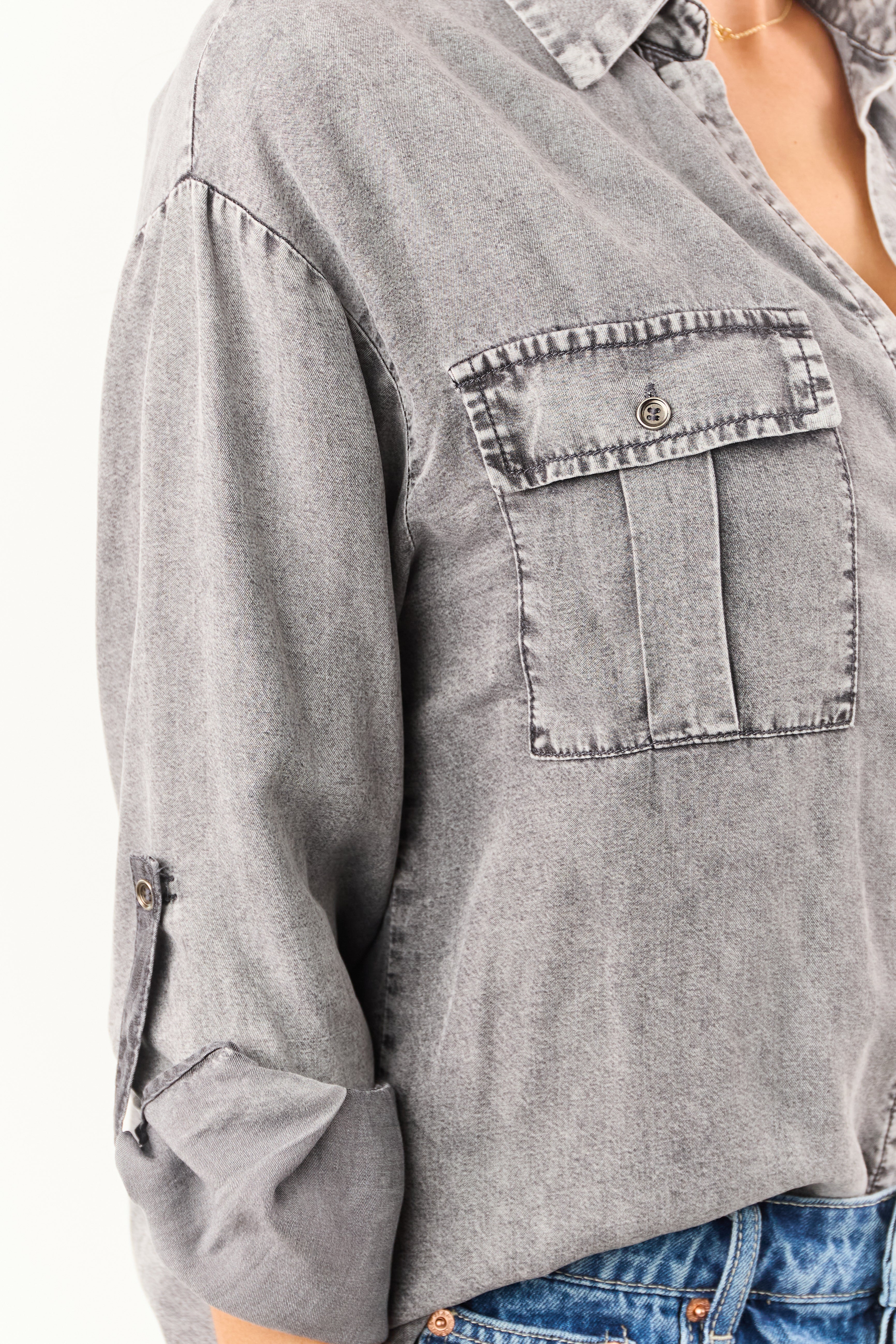 Steel Washed Chambray Denim Button Up Top