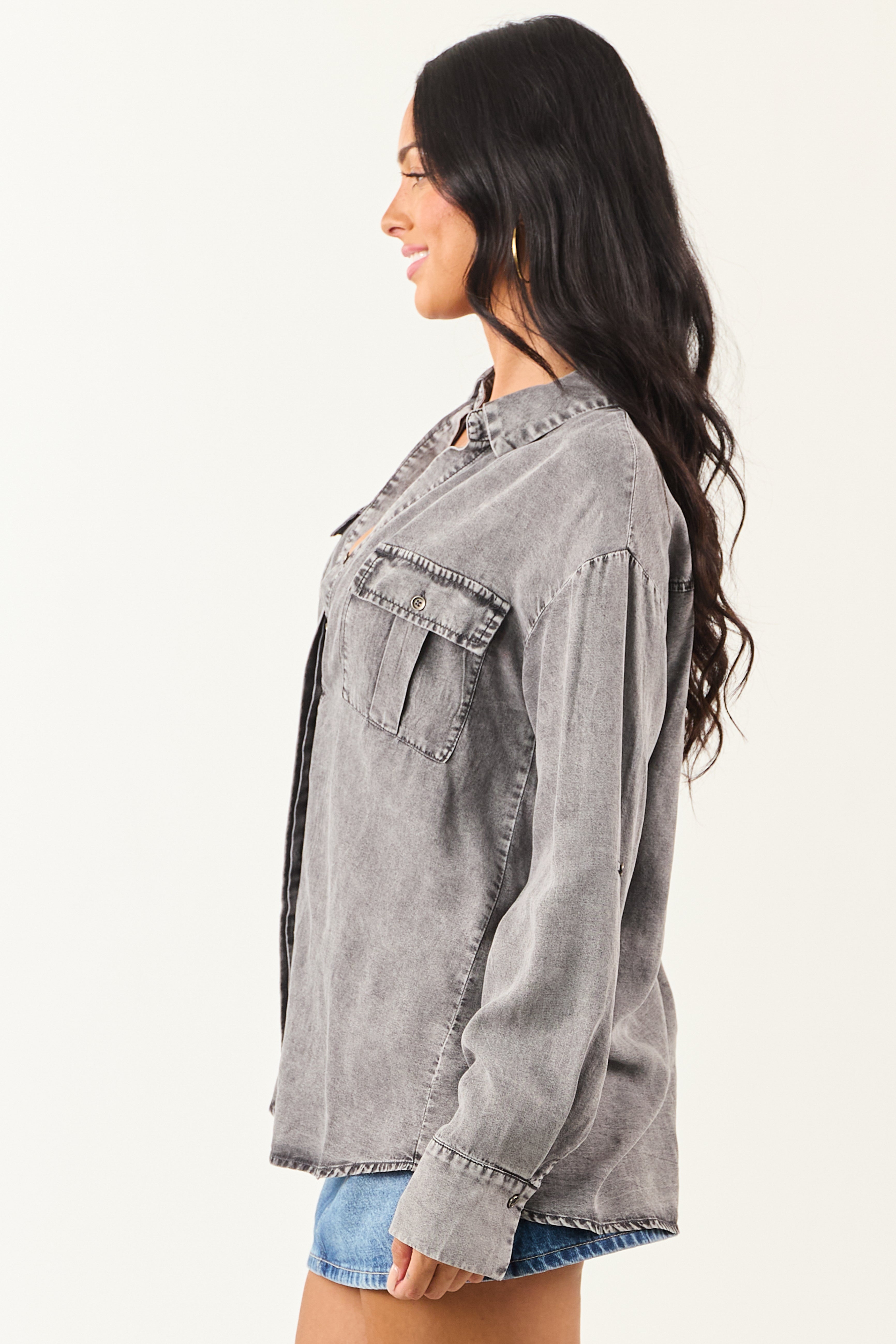 Steel Washed Chambray Denim Button Up Top
