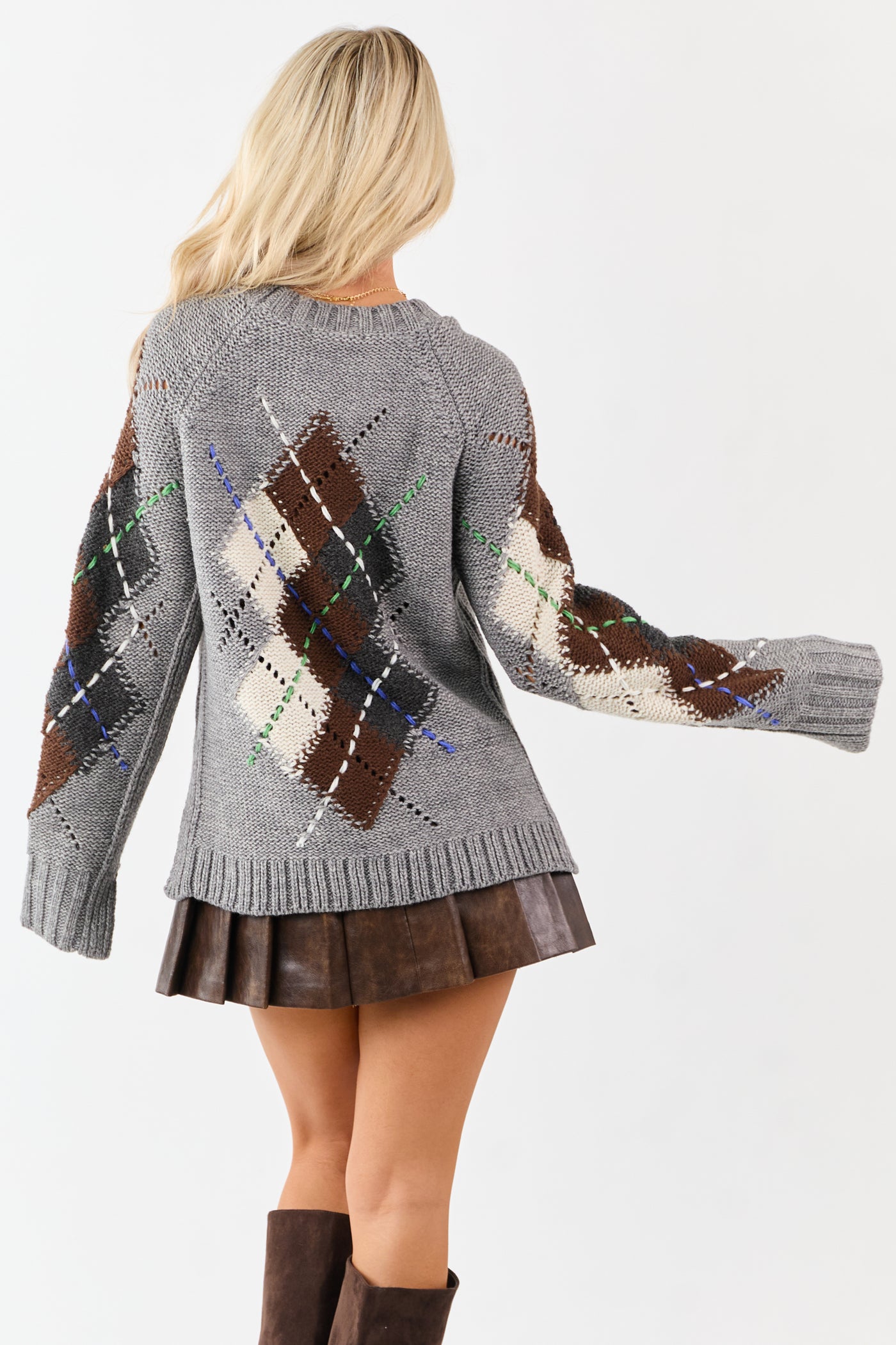 Stone Argyle Wool Blend Long Sleeve Sweater