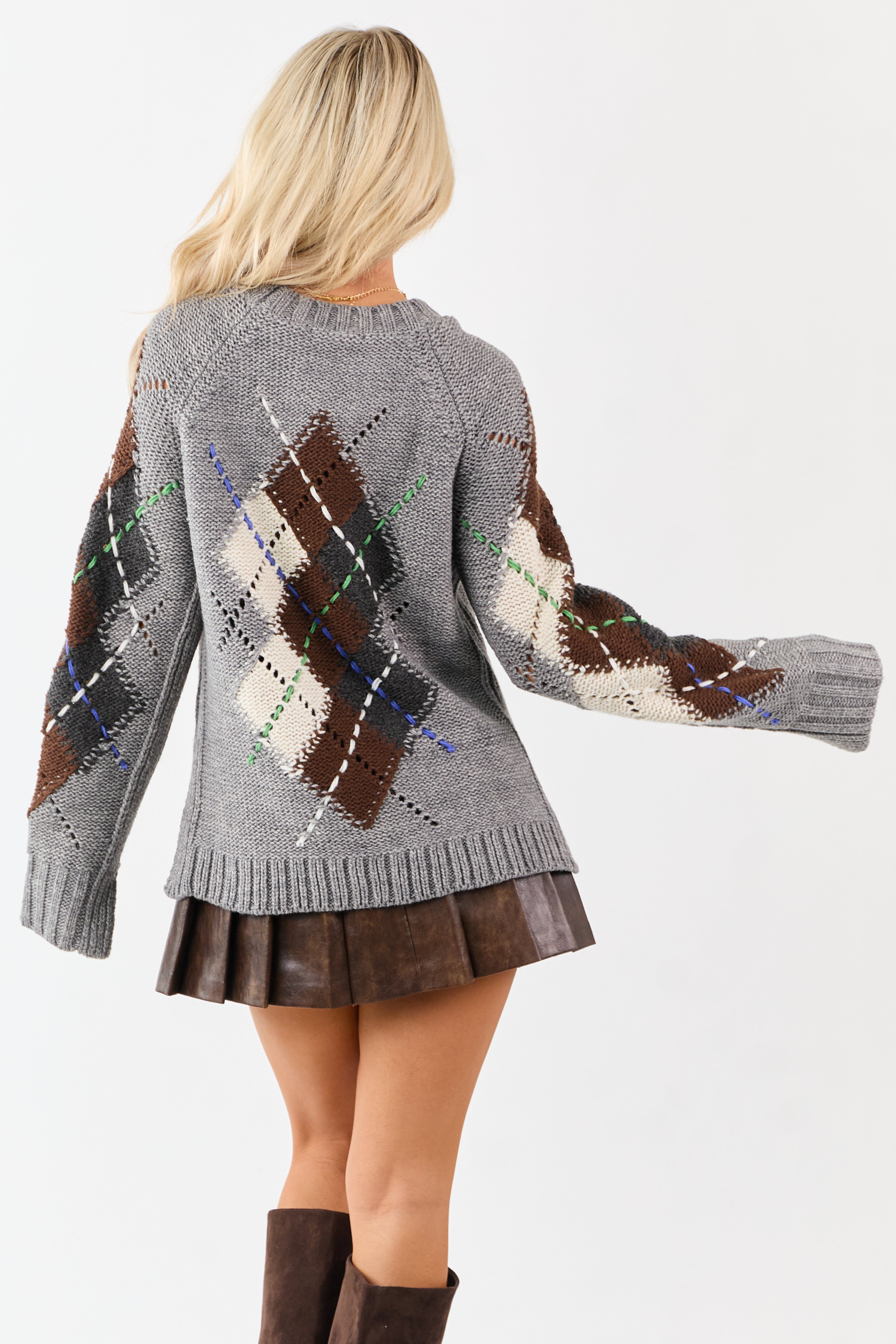 Stone Argyle Wool Blend Long Sleeve Sweater