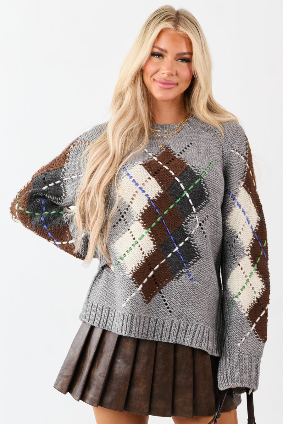 Stone Argyle Wool Blend Long Sleeve Sweater