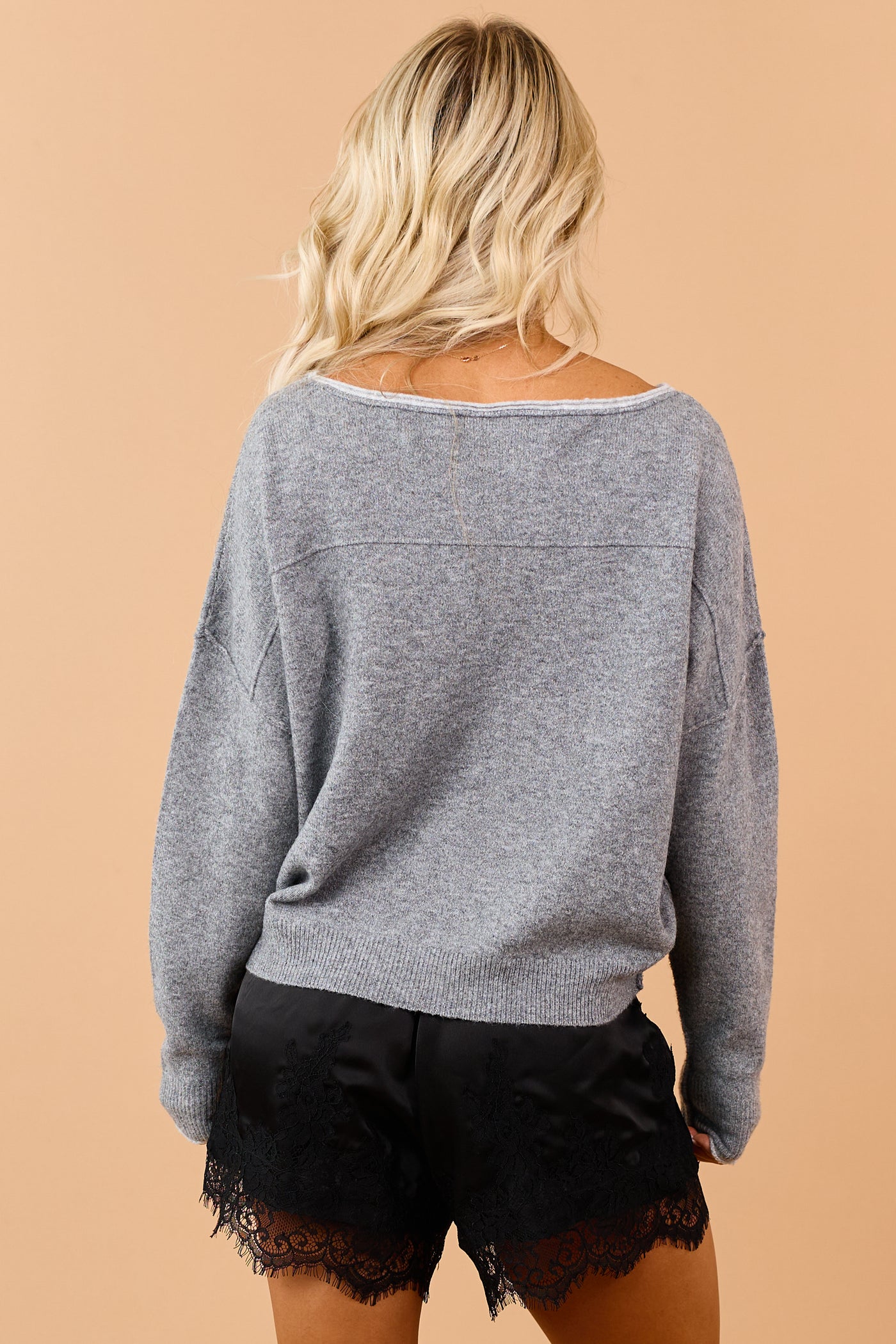 Stone Contrast Trim Off Shoulder Rib Knit Sweater