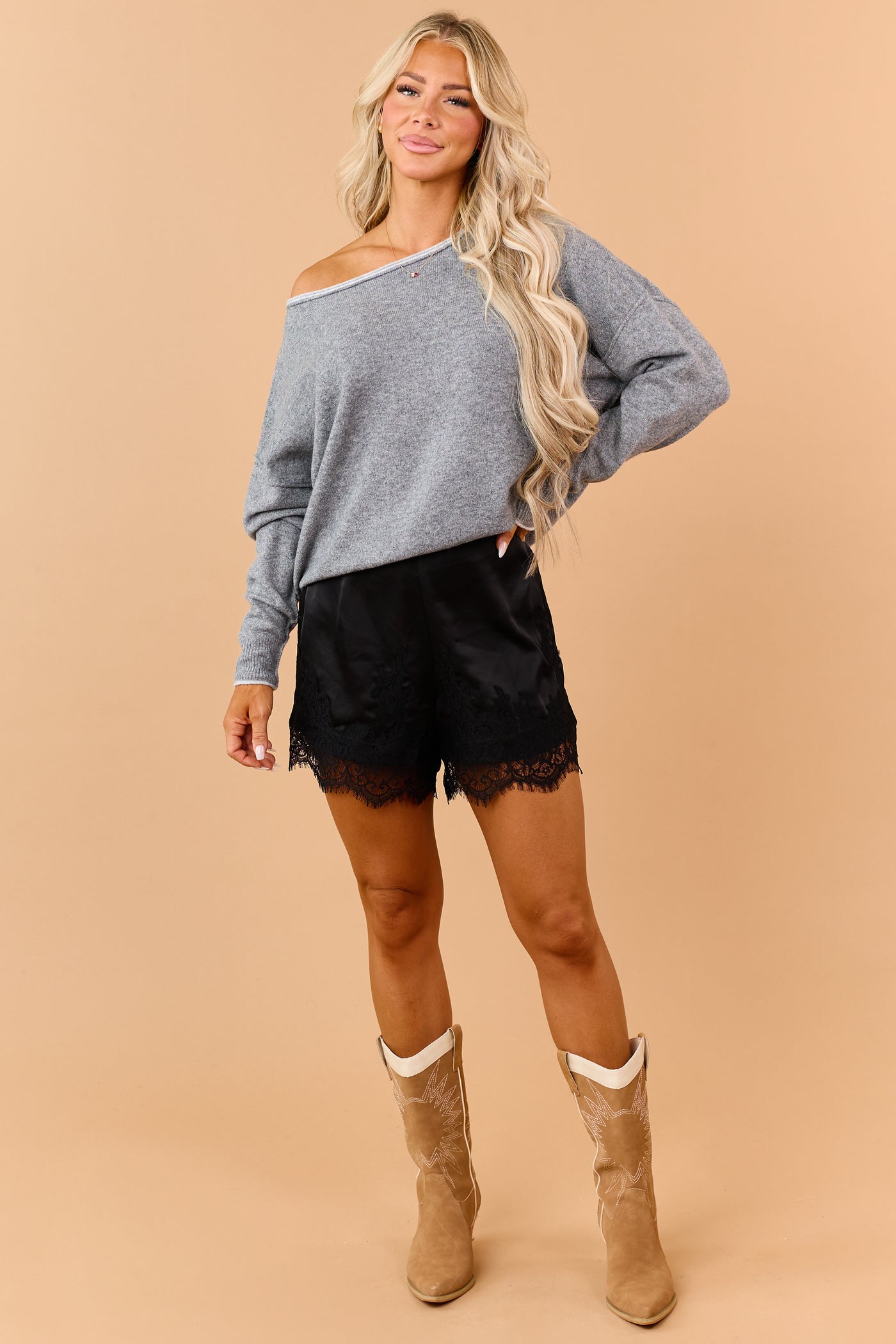 Stone Contrast Trim Off Shoulder Rib Knit Sweater