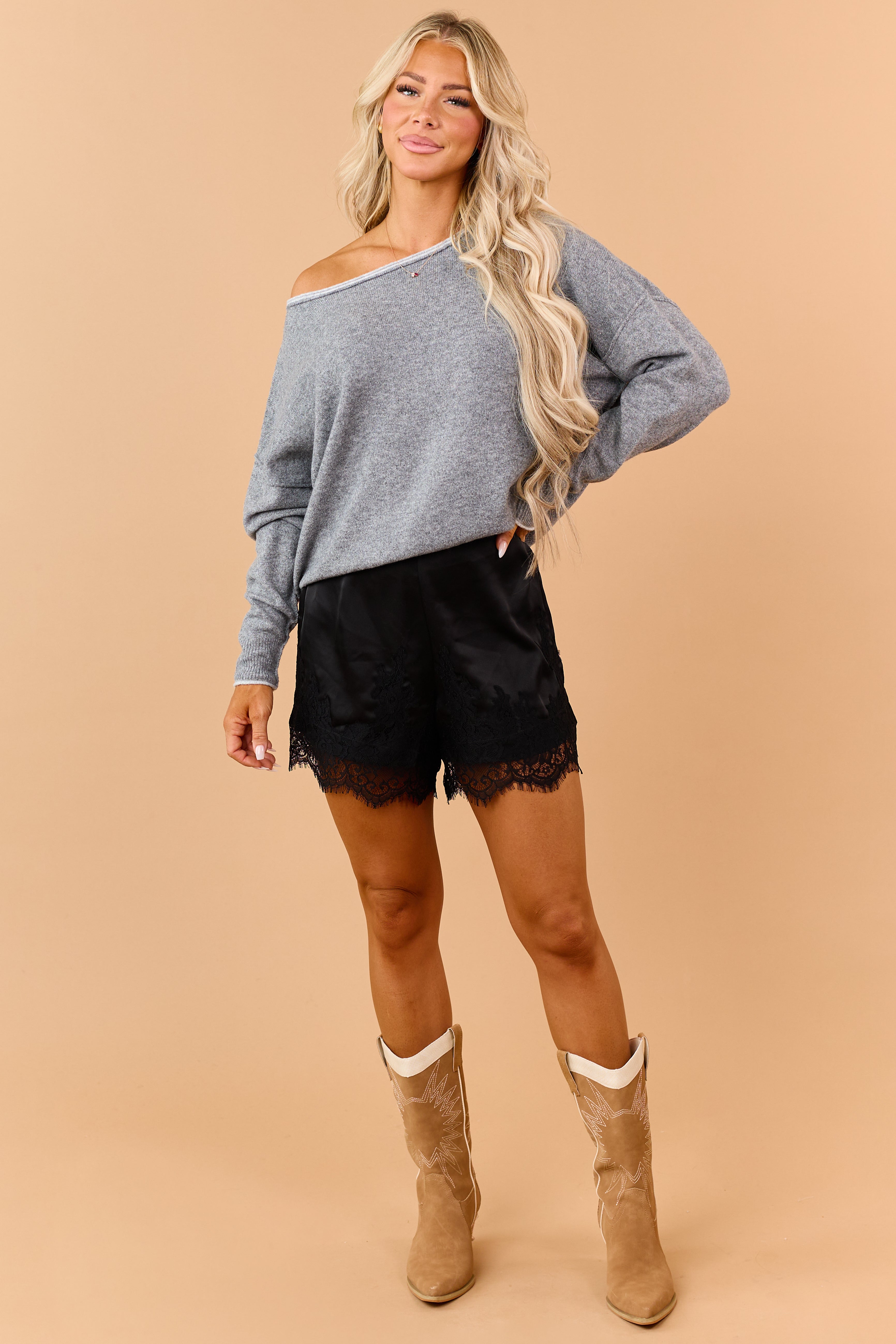 Stone Contrast Trim Off Shoulder Rib Knit Sweater