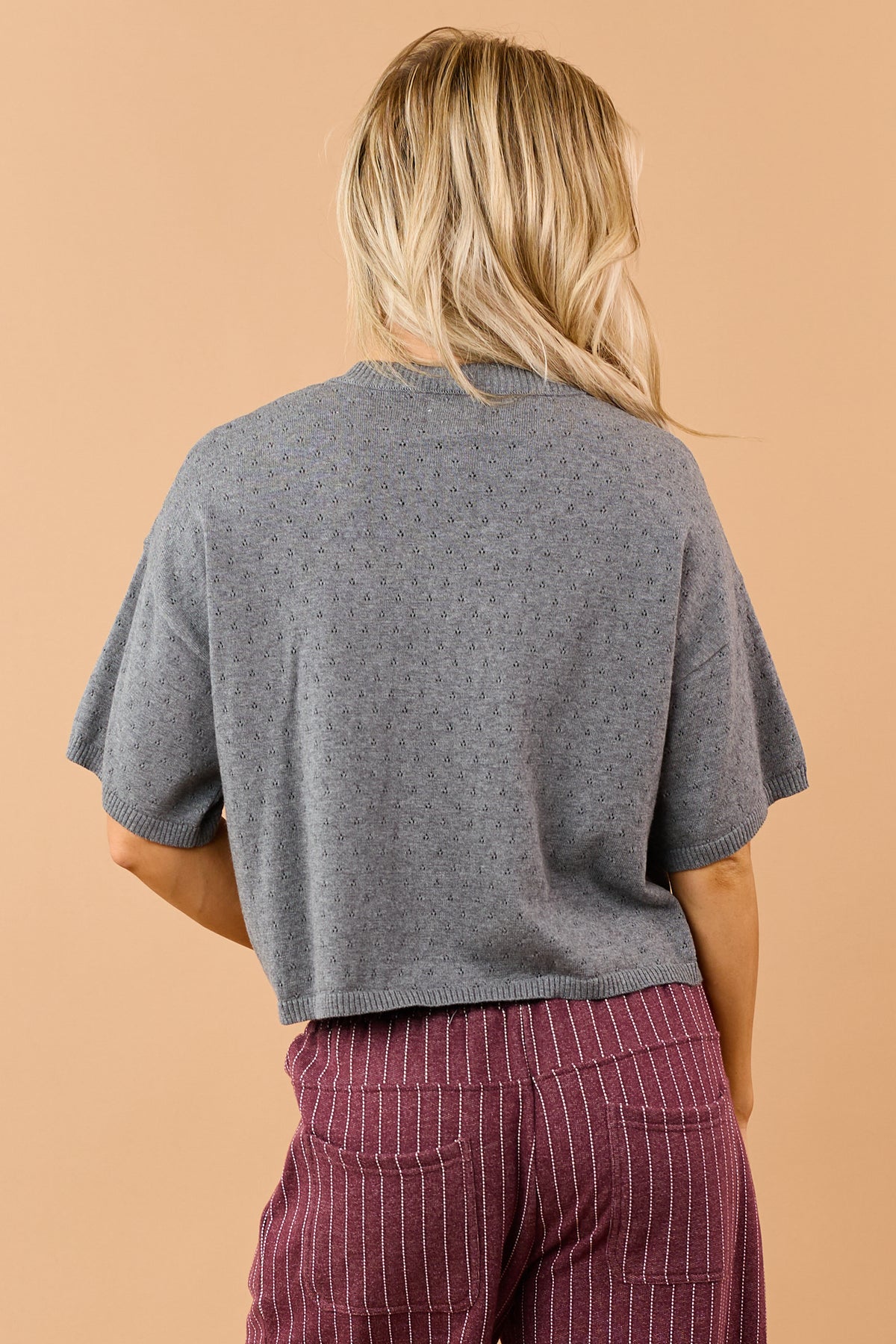 Stone Grey Cotton Knit Pointelle Button Down Top