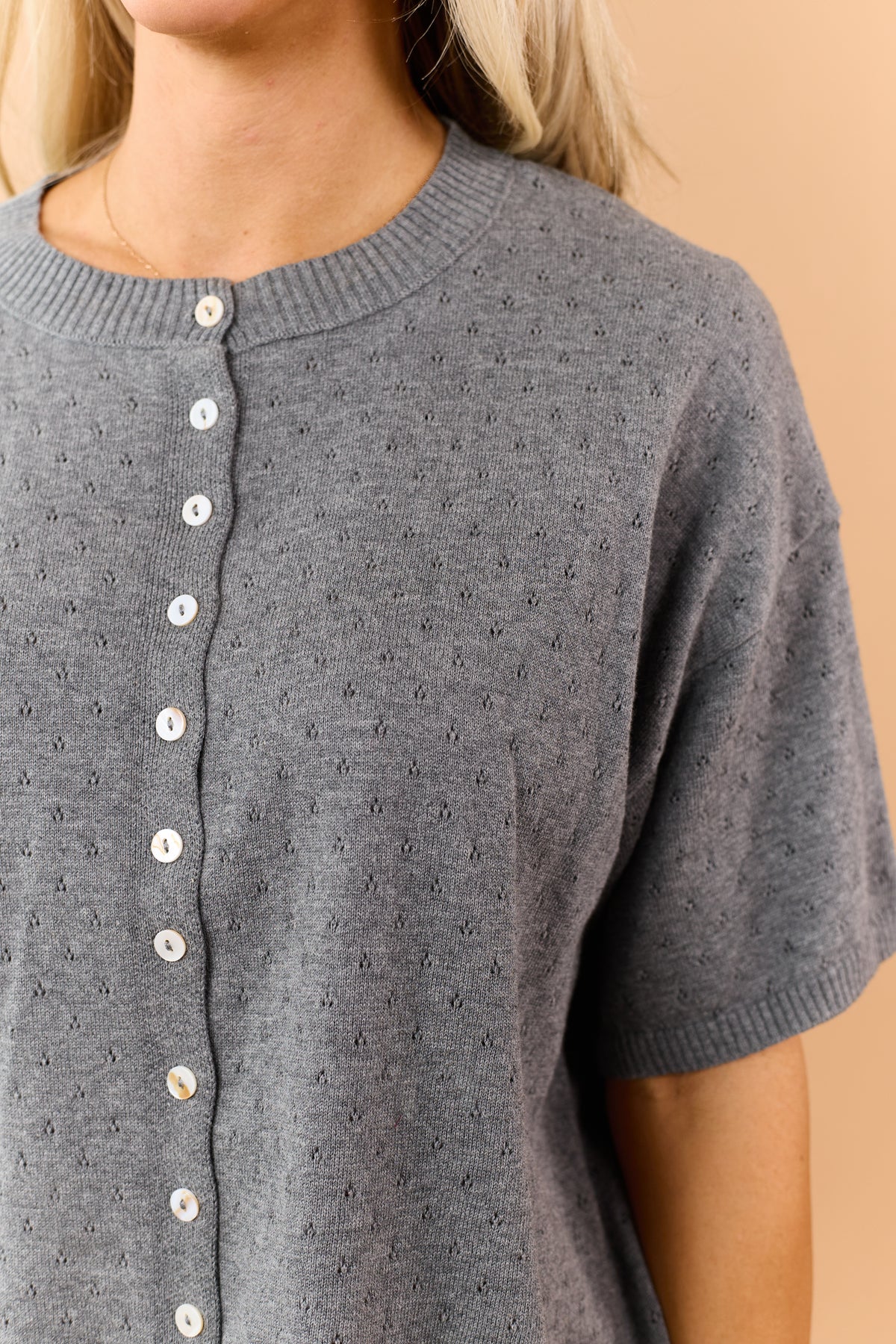 Stone Grey Cotton Knit Pointelle Button Down Top