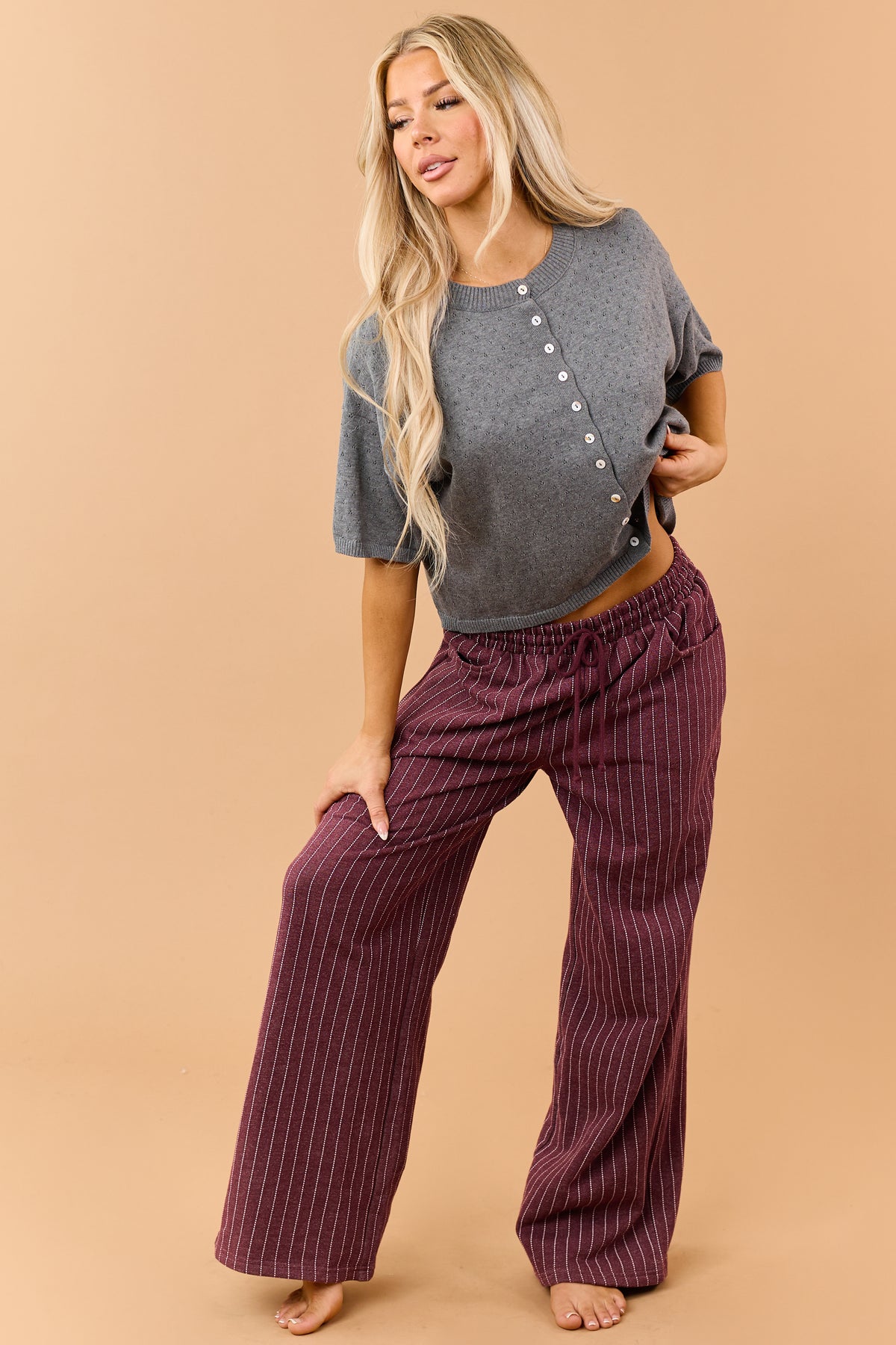 Stone Grey Cotton Knit Pointelle Button Down Top