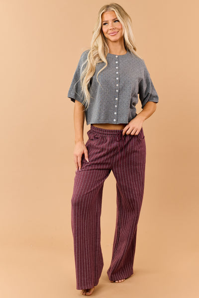 Stone Grey Cotton Knit Pointelle Button Down Top
