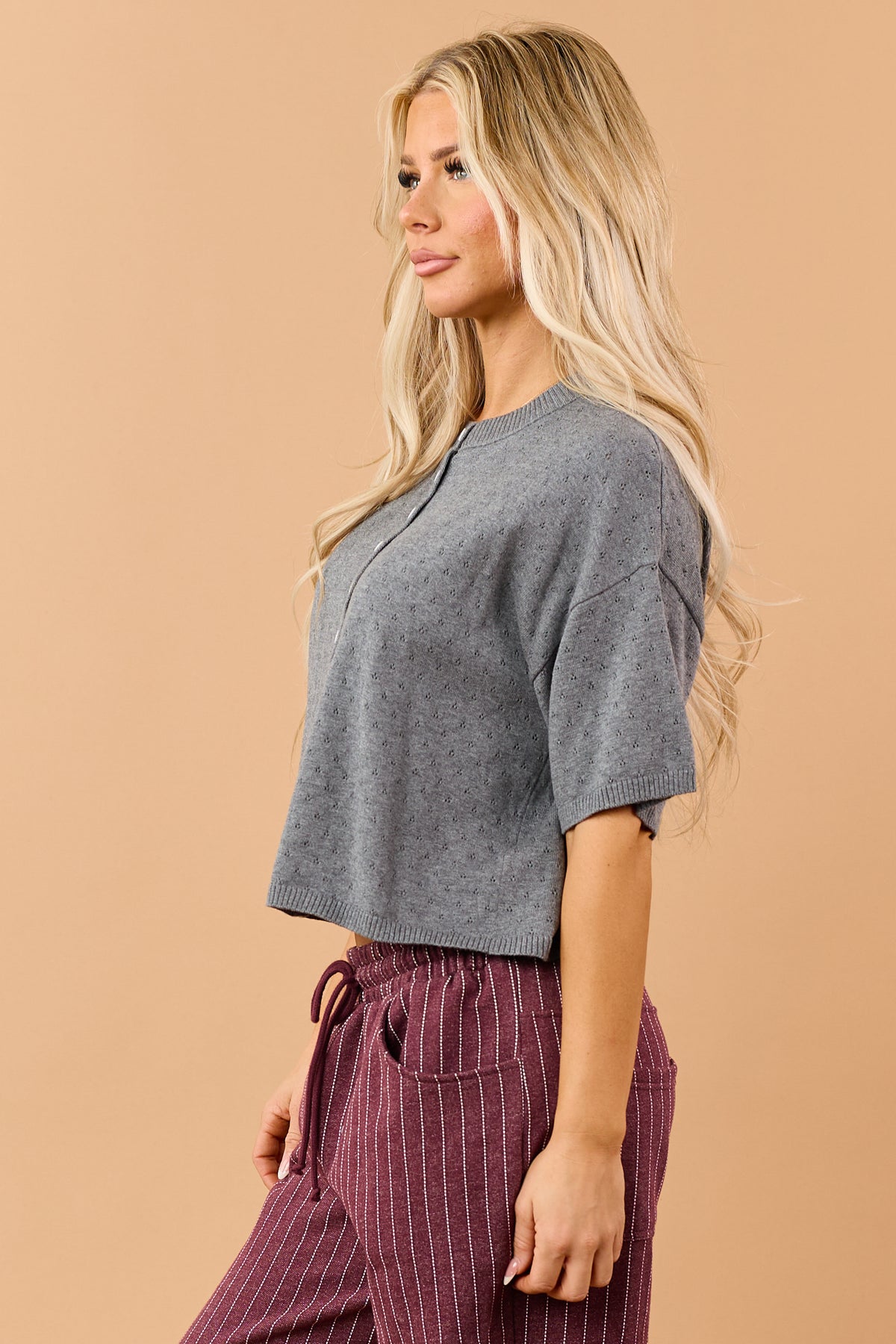 Stone Grey Cotton Knit Pointelle Button Down Top
