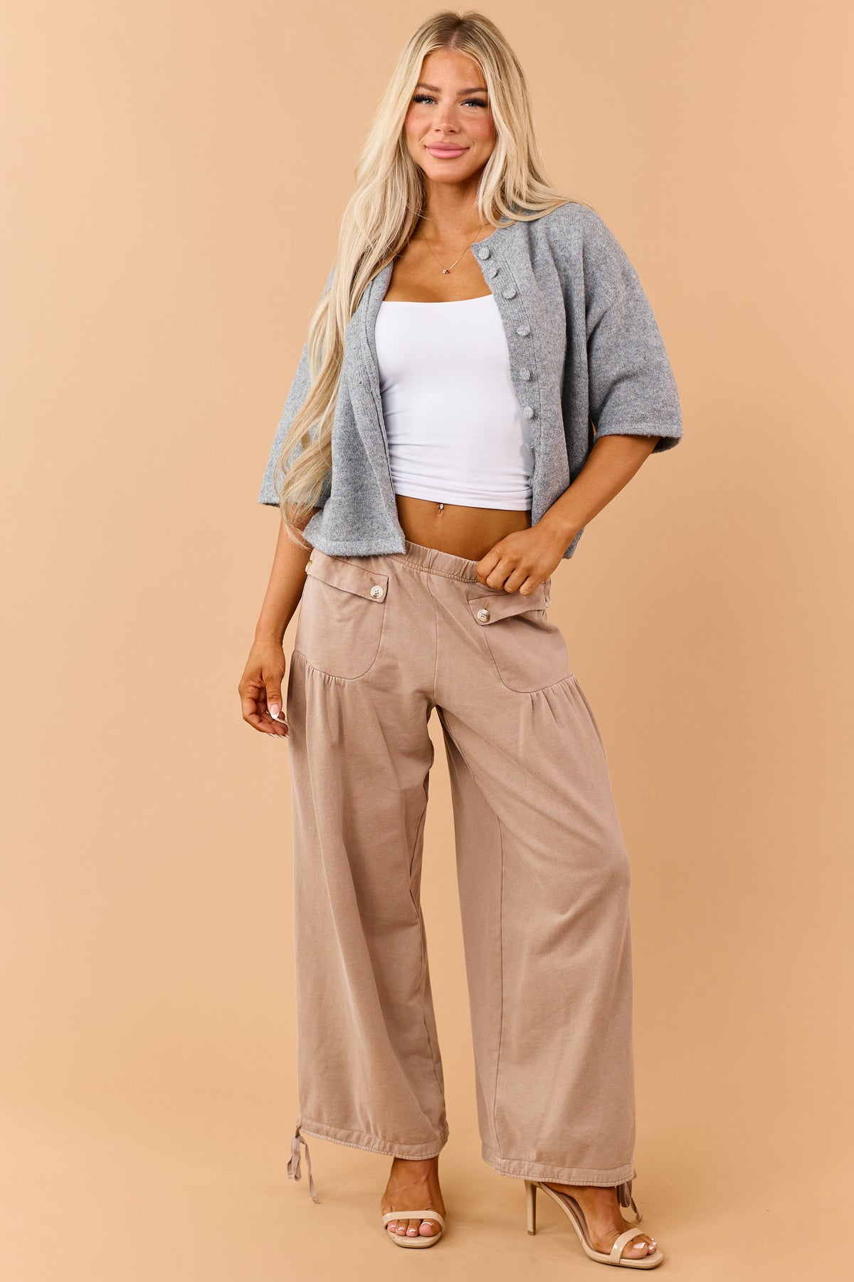 Stone Grey Half Sleeve Button Down Sweater