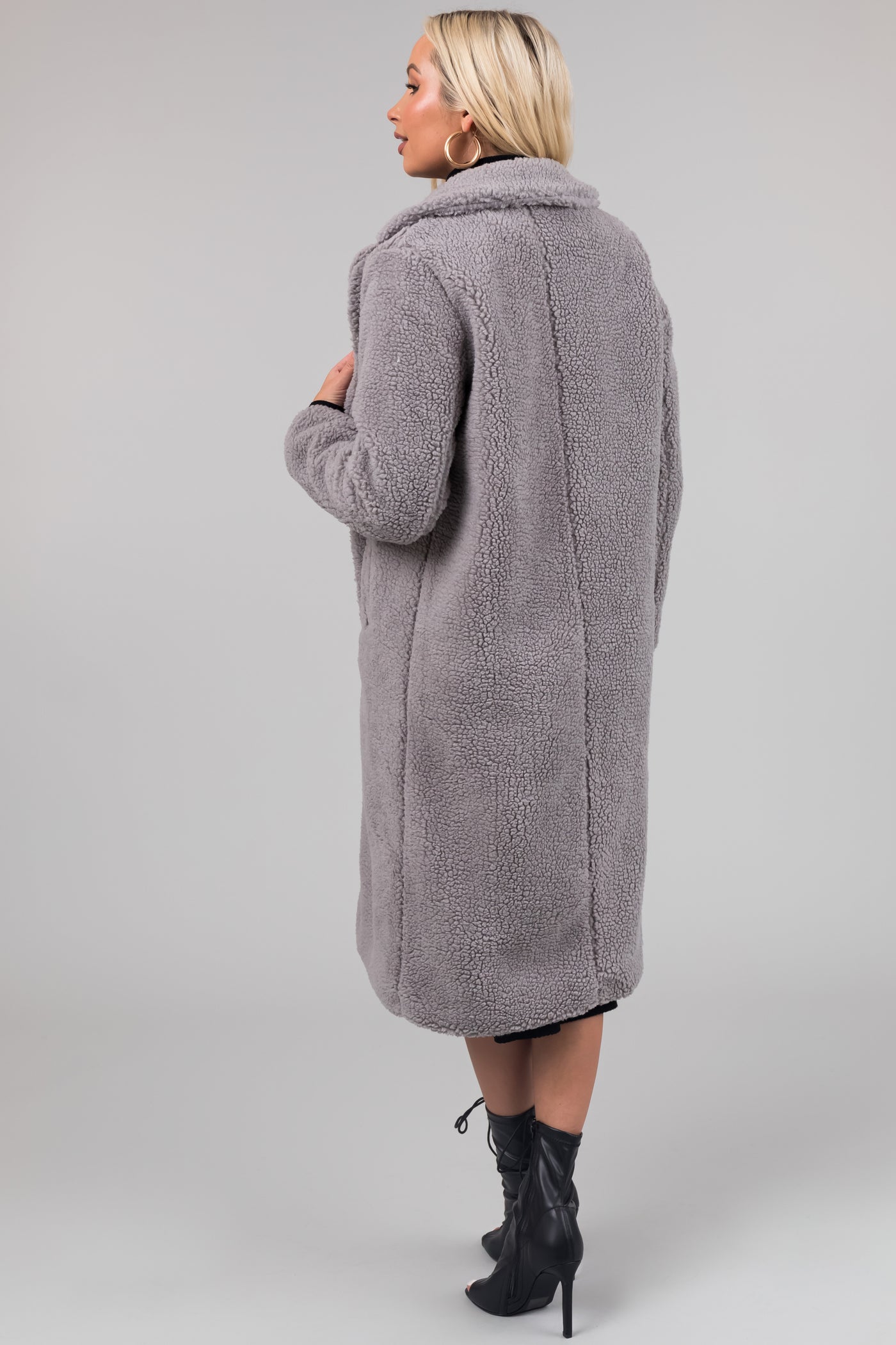 Stone Grey Longline Teddy Coat with Pockets