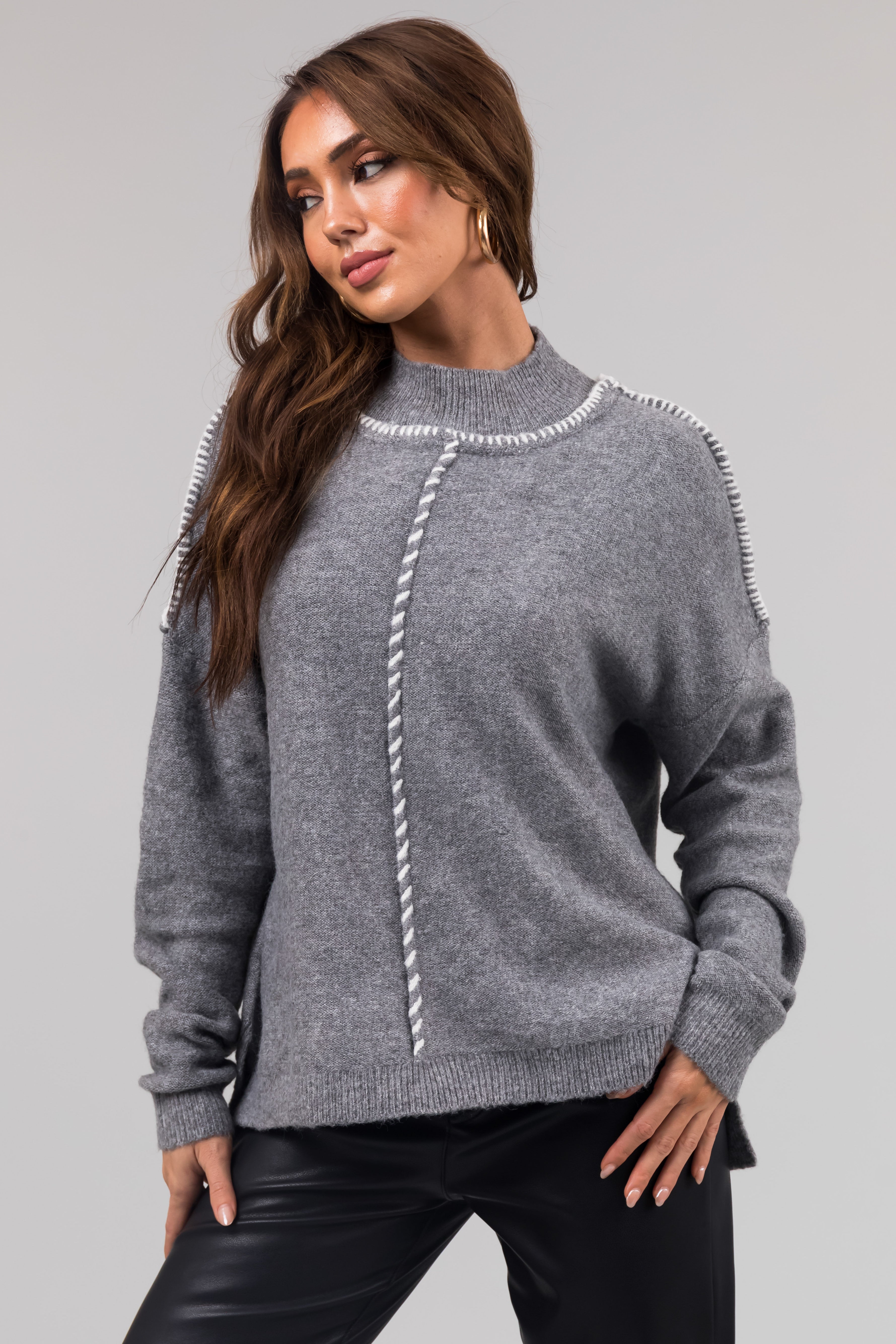 Stone Grey Mock Neck Stitching Detail Sweater | Lime Lush