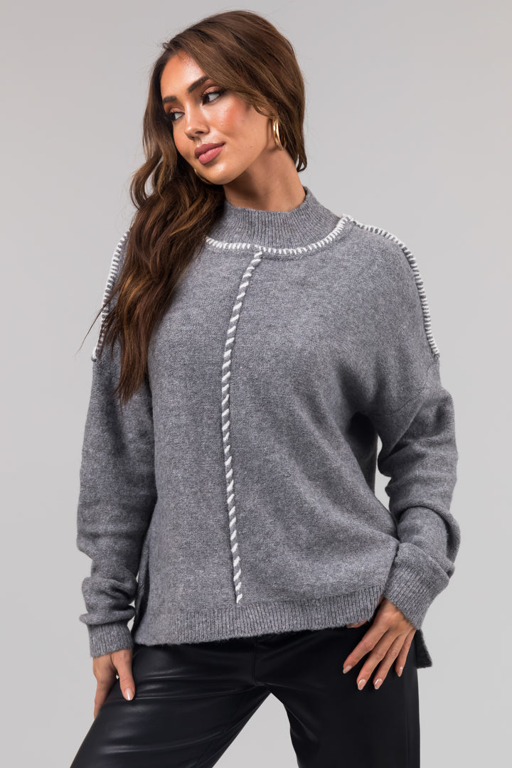 Stone Grey Mock Neck Stitching Detail Sweater