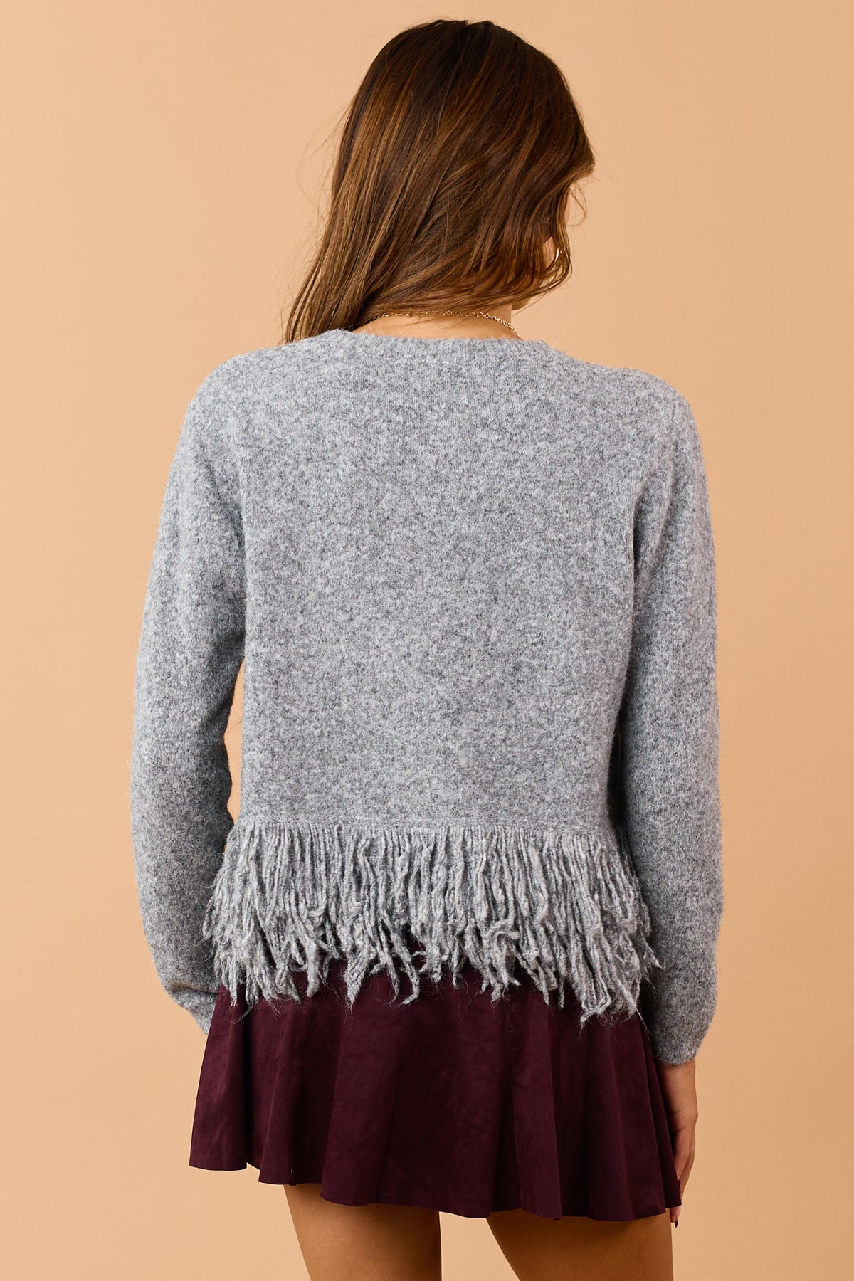Stone Grey Soft Wool Blend Fringe Hem Sweater