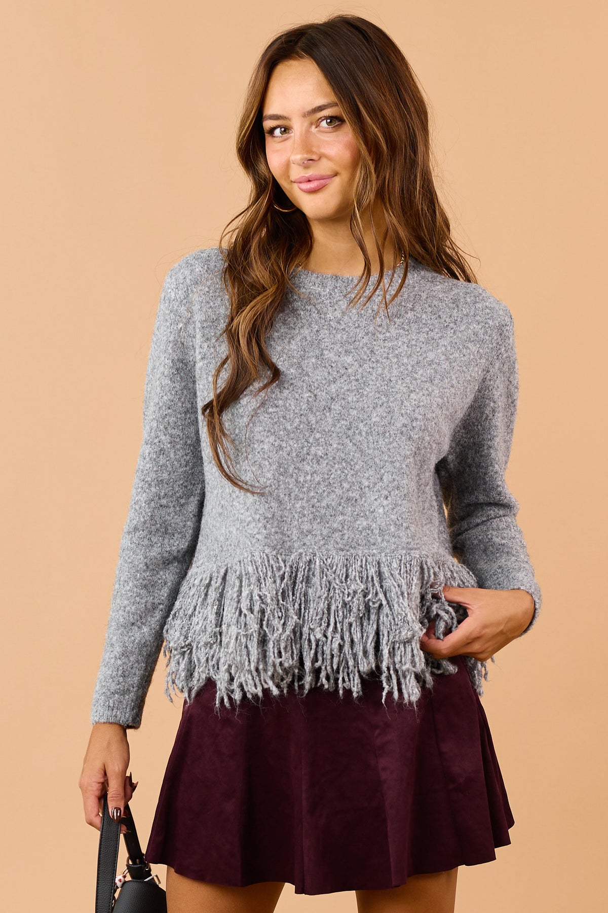 Stone Grey Soft Wool Blend Fringe Hem Sweater