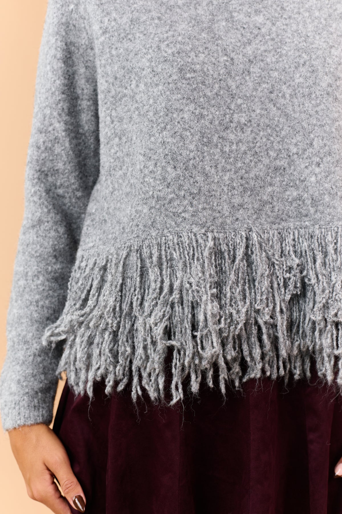 Stone Grey Soft Wool Blend Fringe Hem Sweater