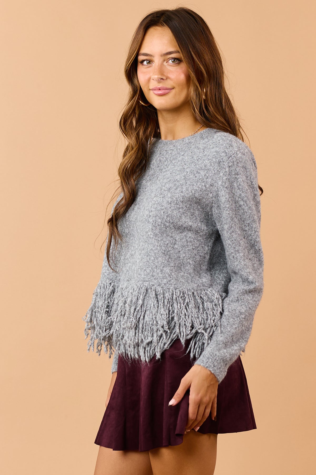 Stone Grey Soft Wool Blend Fringe Hem Sweater