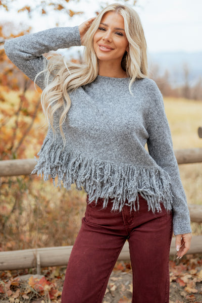 Stone Grey Soft Wool Blend Fringe Hem Sweater