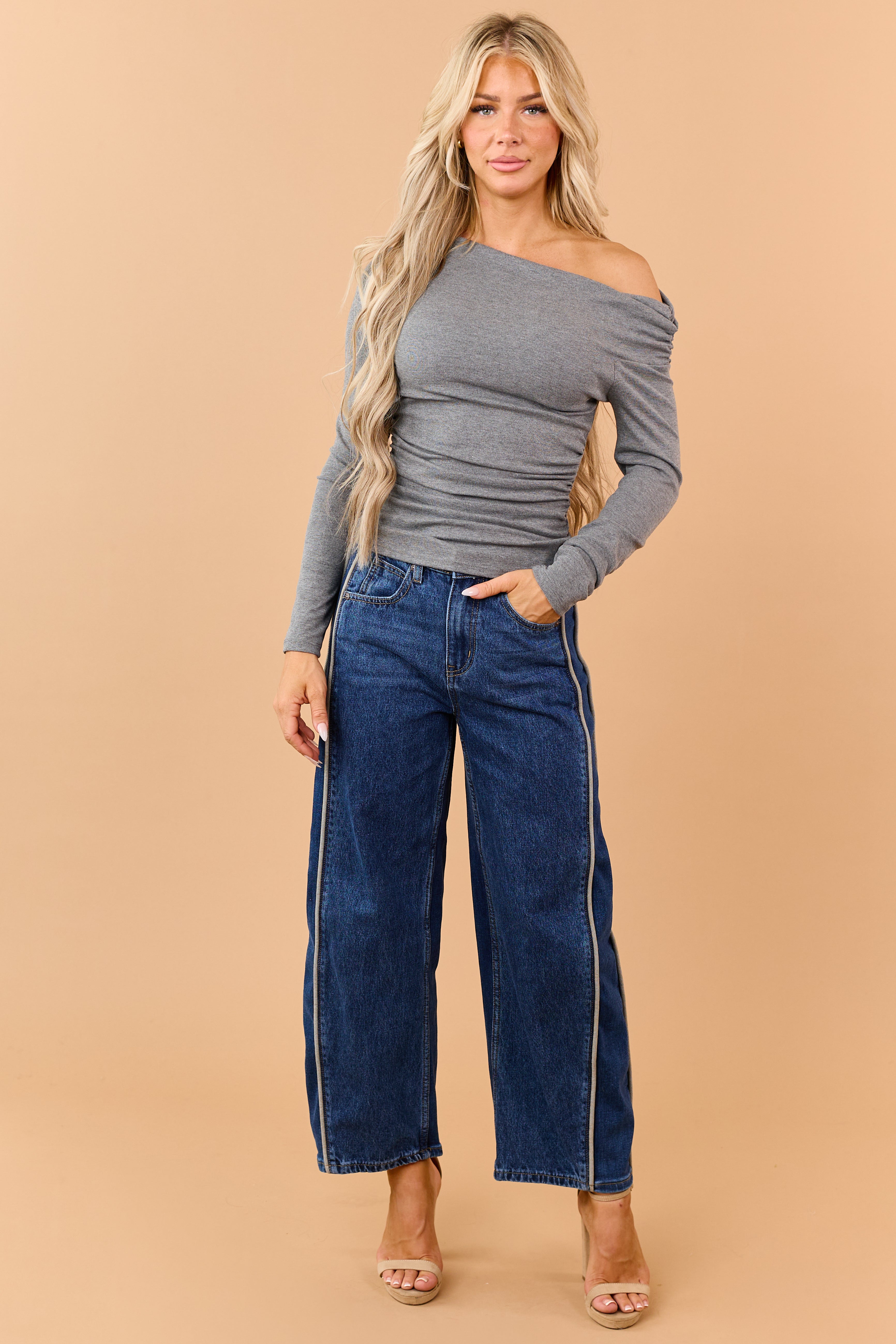 Stone One Shoulder Ruched Long Sleeve Top | Lime Lush Boutique