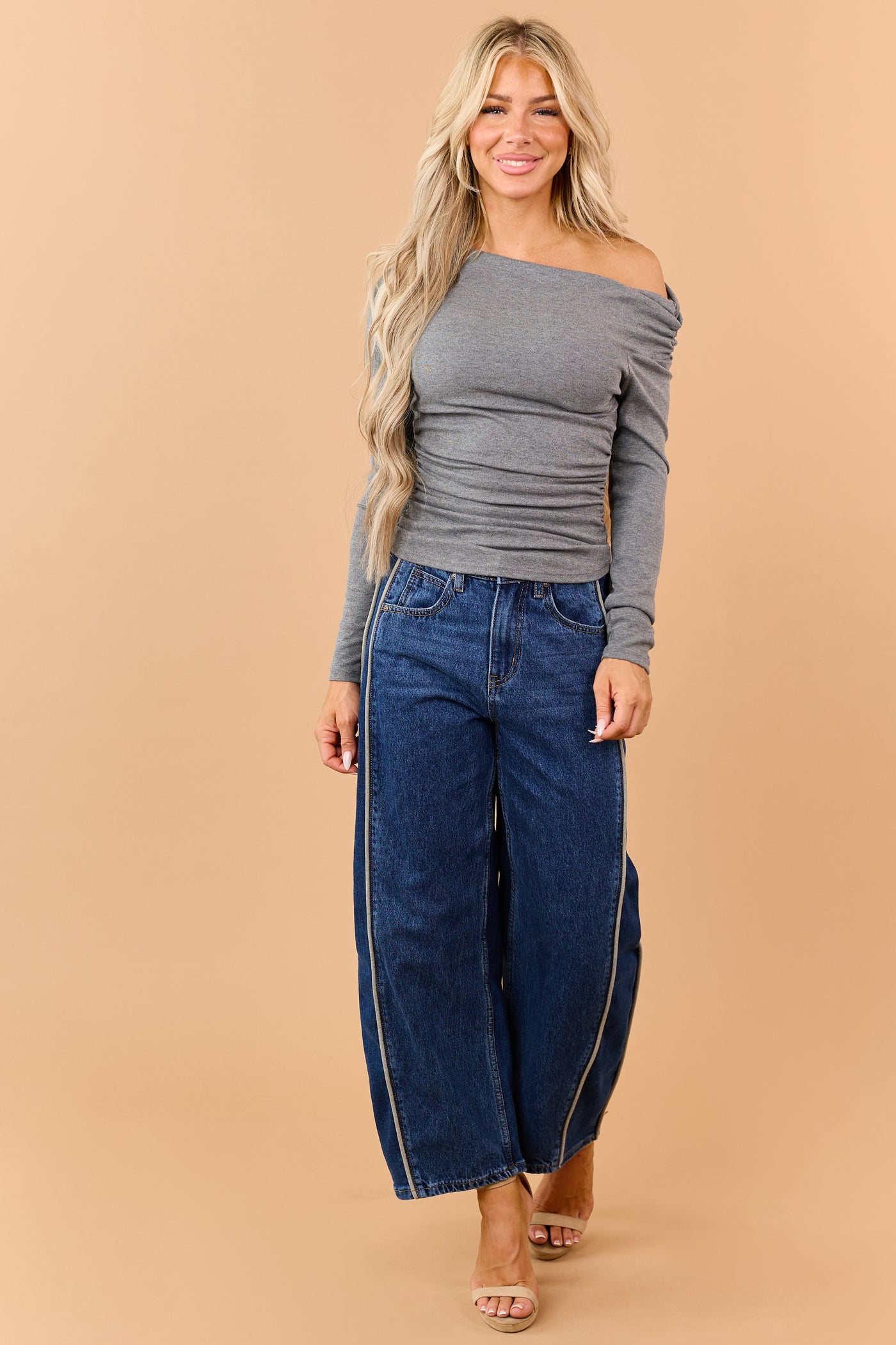 Stone One Shoulder Ruched Long Sleeve Top