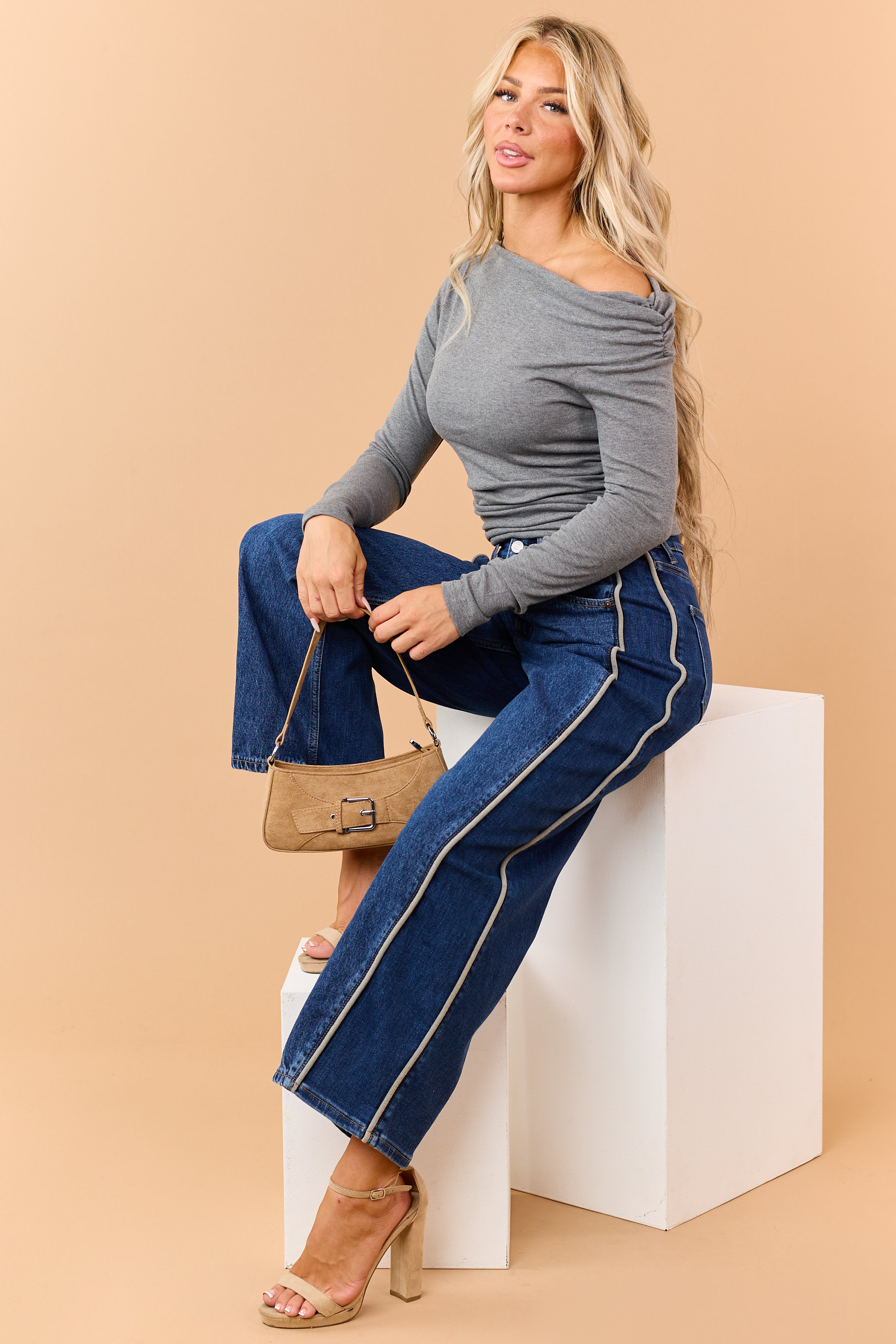 Stone One Shoulder Ruched Long Sleeve Top