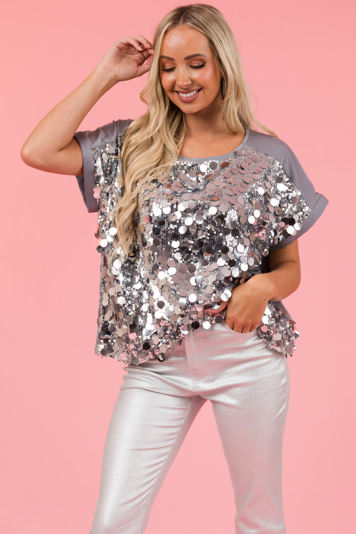 Stone Silver Sequin Short Sleeve Top