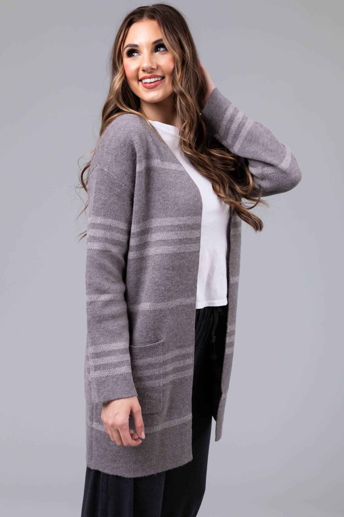 Stone Striped Open Front Knit Cardigan