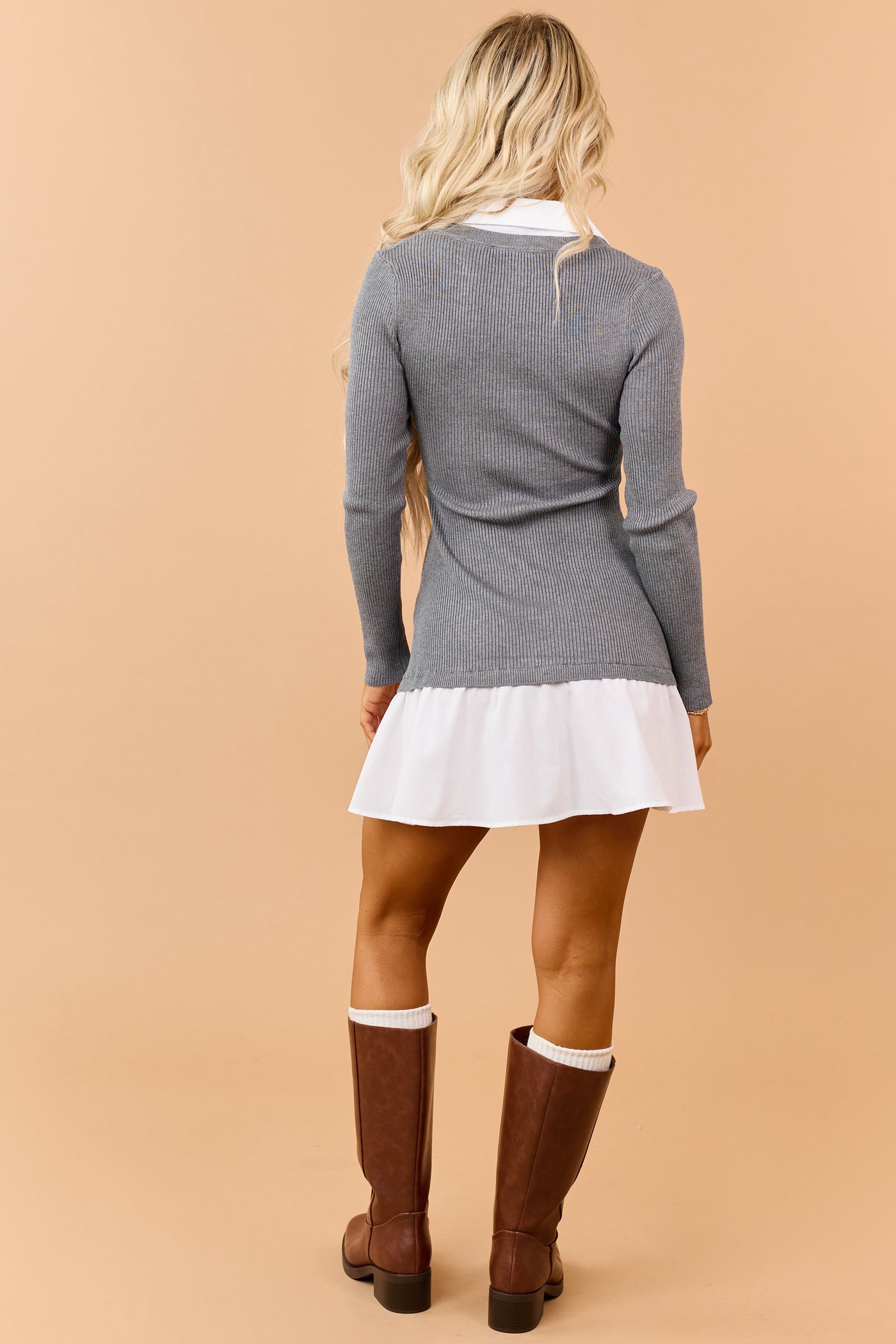 Stone Sweater Knit Contrast Shirt Mini Dress