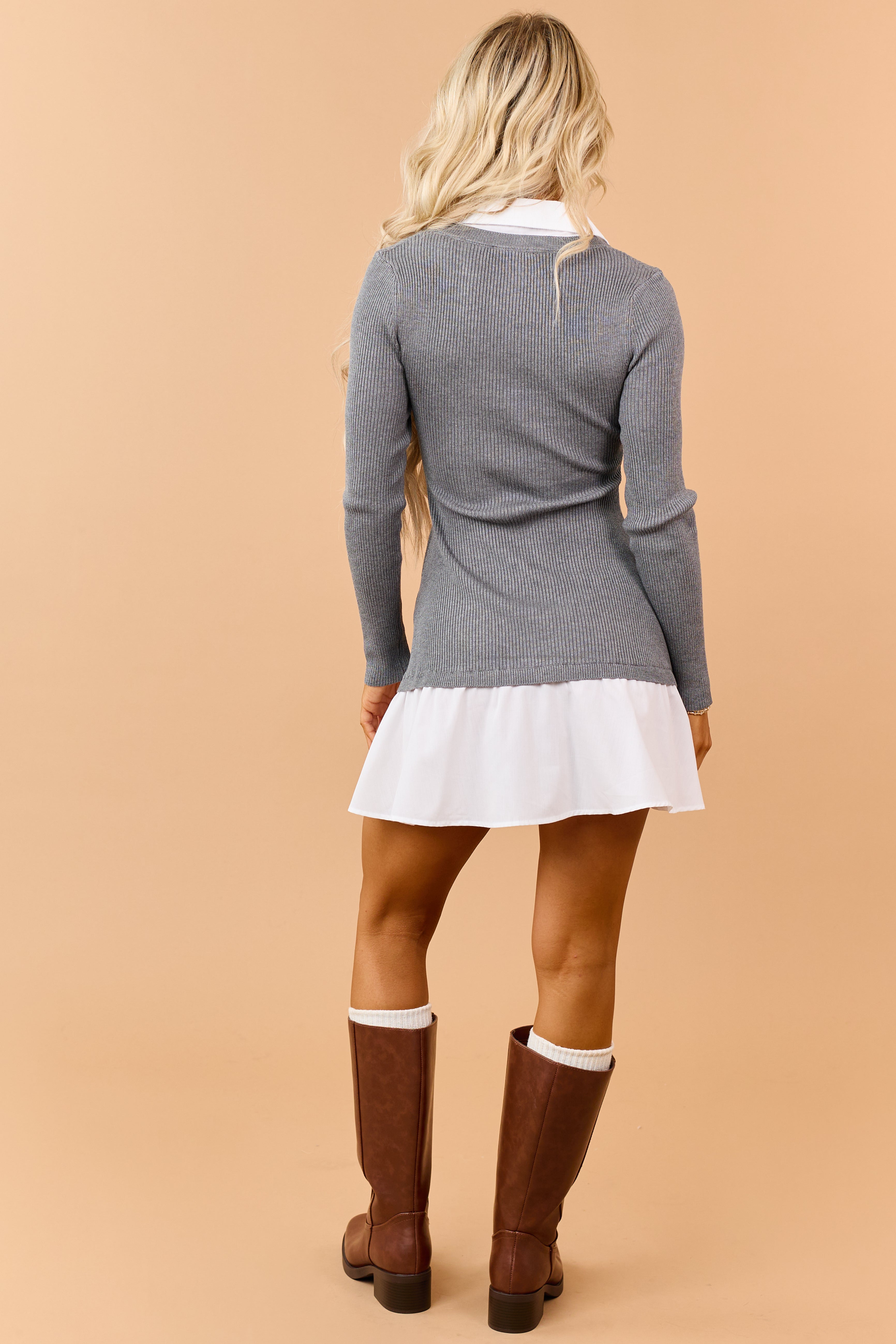 Stone Sweater Knit Contrast Shirt Mini Dress