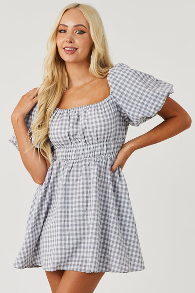 Stone and Off White Gingham Mini Dress