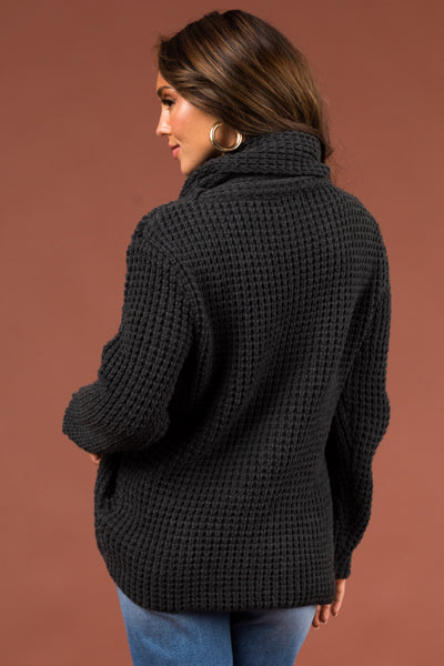 Stormy Grey Cowl Neck Tulip Hem Wrap Knit Sweater