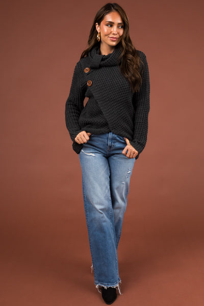 Stormy Grey Cowl Neck Tulip Hem Wrap Knit Sweater
