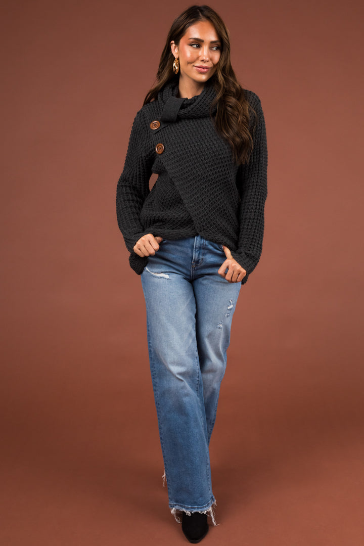 Stormy Grey Cowl Neck Tulip Hem Wrap Knit Sweater