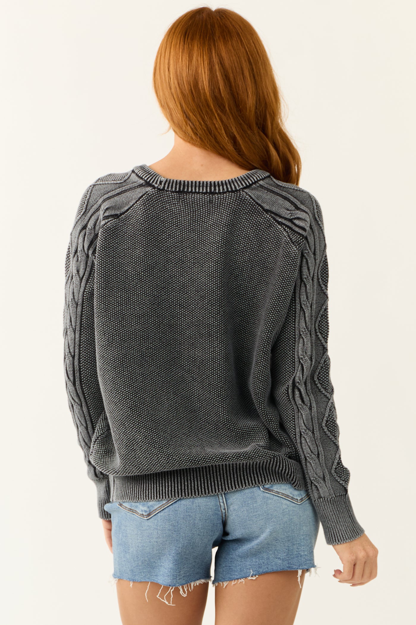 Stormy Grey Stone Washed Cable Knit Sleeve Sweater