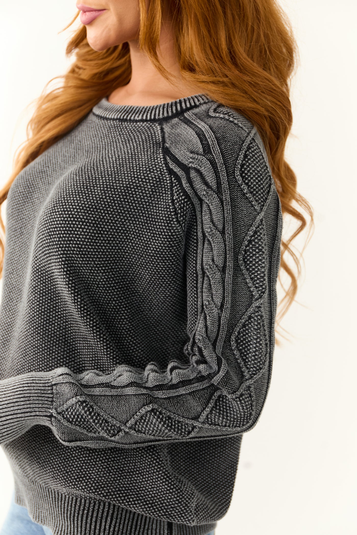 Stormy Grey Stone Washed Cable Knit Sleeve Sweater