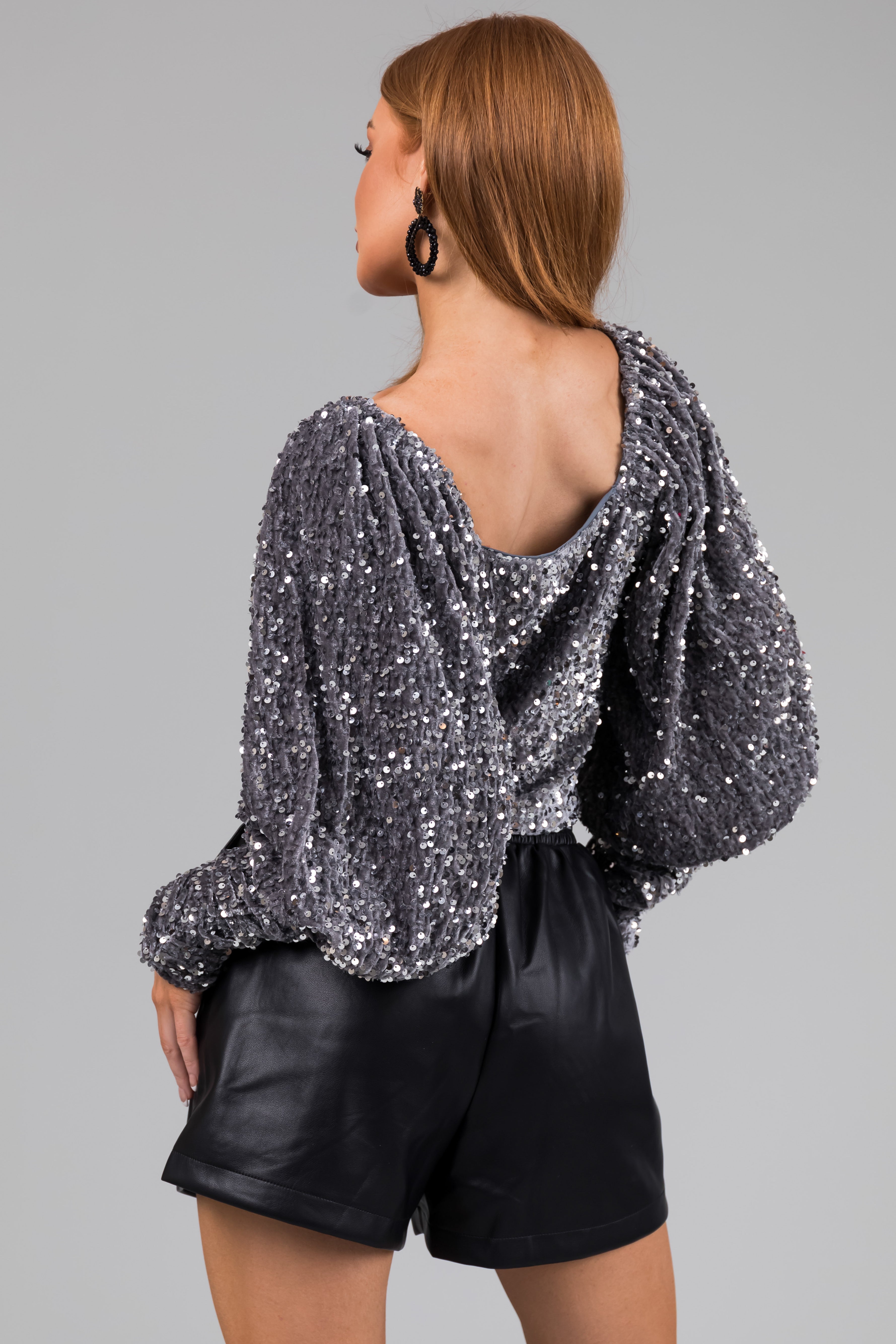 Listicle Women s Stormy Grey Velvet and Sequin Blouse Size L