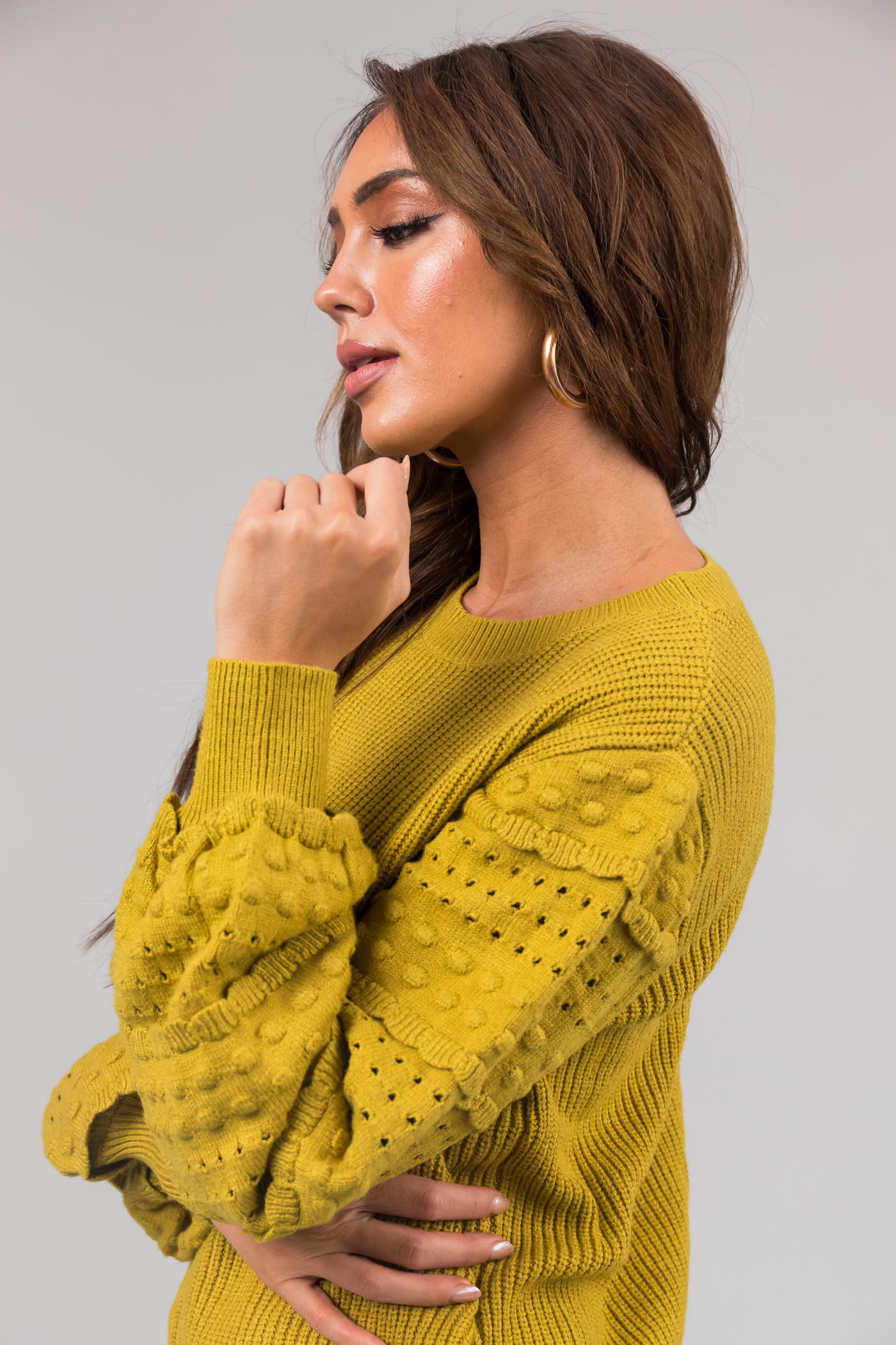 Straw Long Sleeve Pointelle Detail Sweater