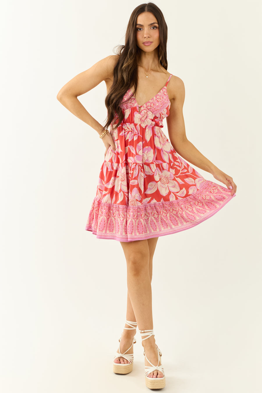 Summer Berry Floral Print Open Back Mini Dress