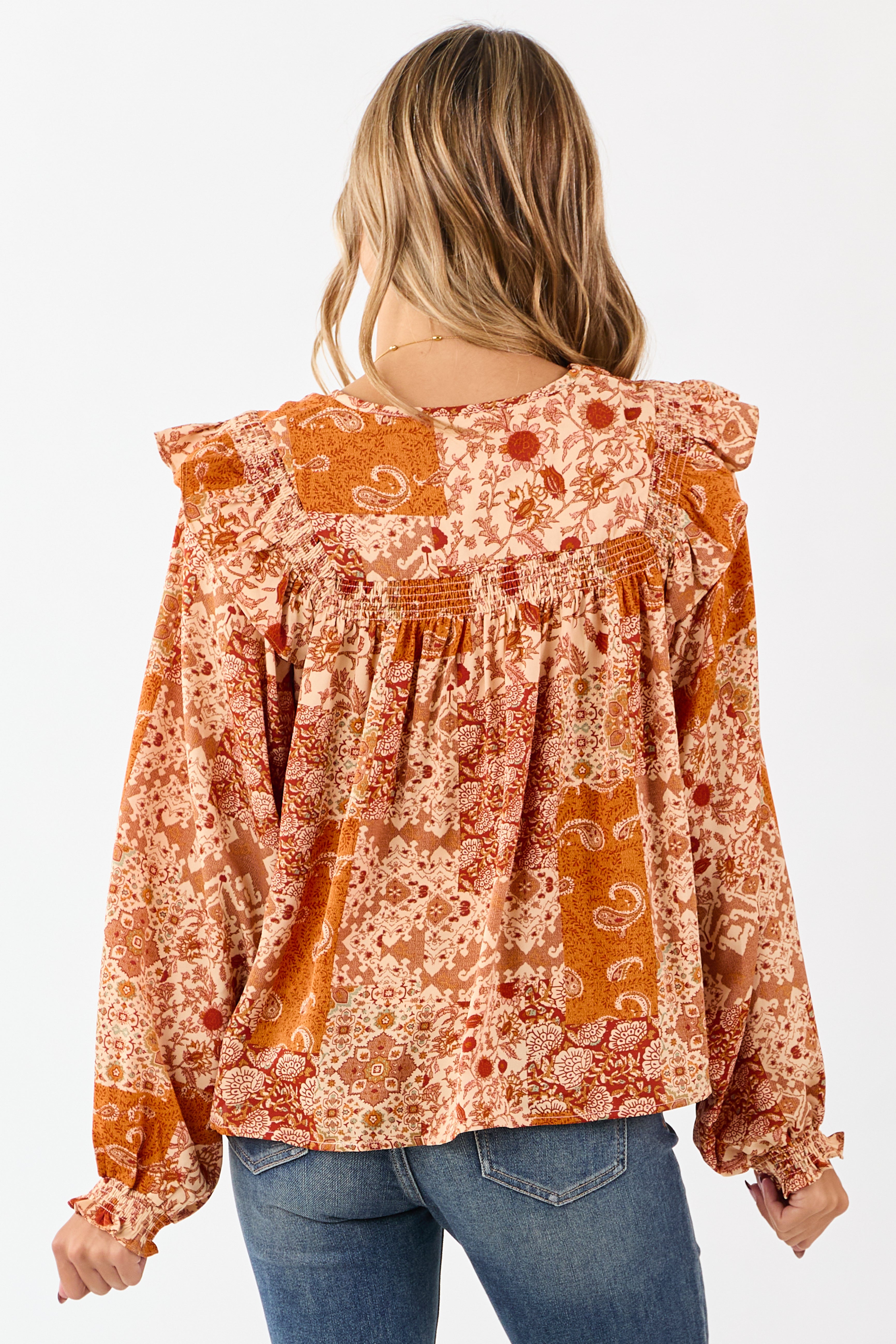Sunrise Boho Paisley Patchwork Ruffled Cotton Blouse