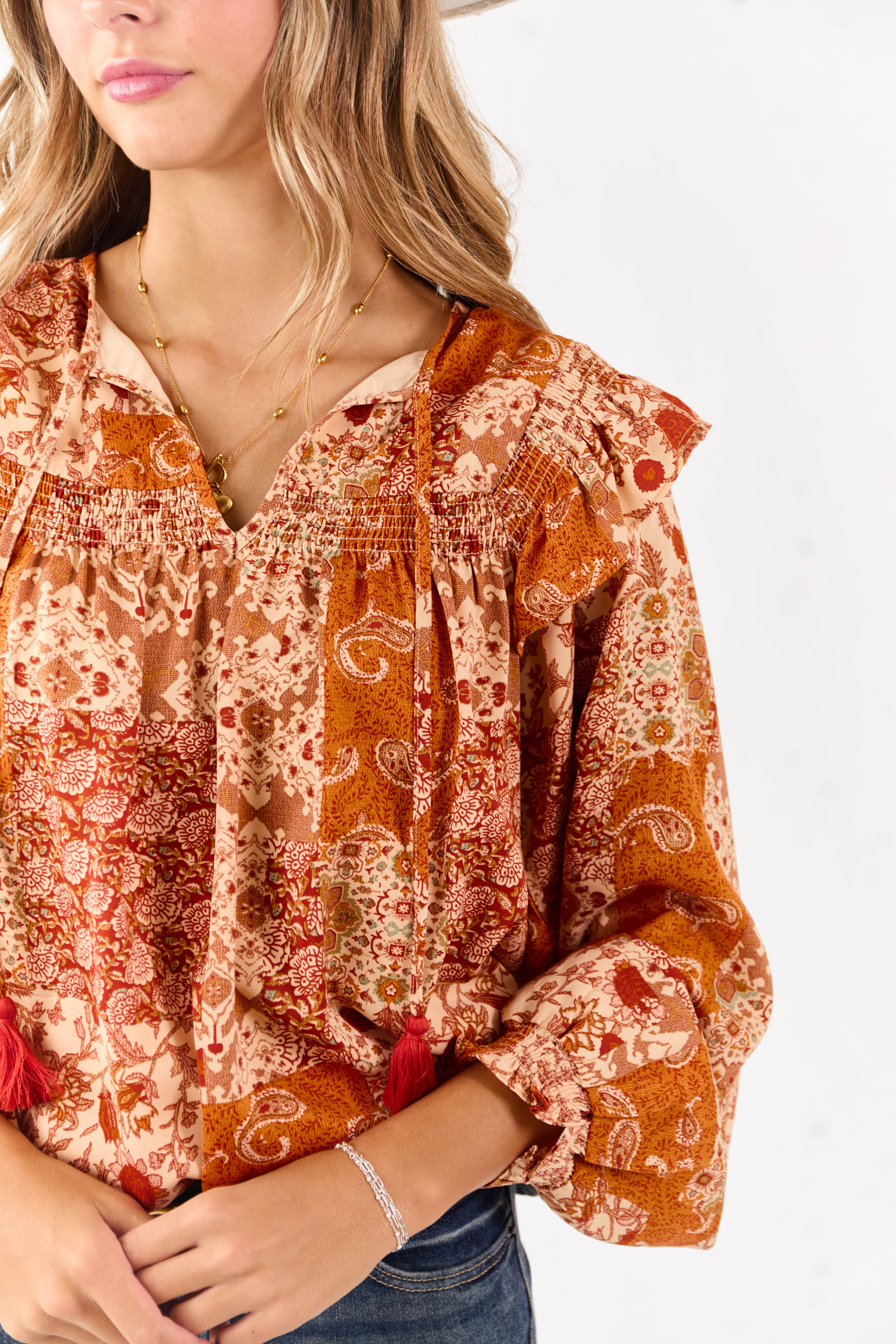 Sunrise Boho Paisley Patchwork Ruffled Cotton Blouse