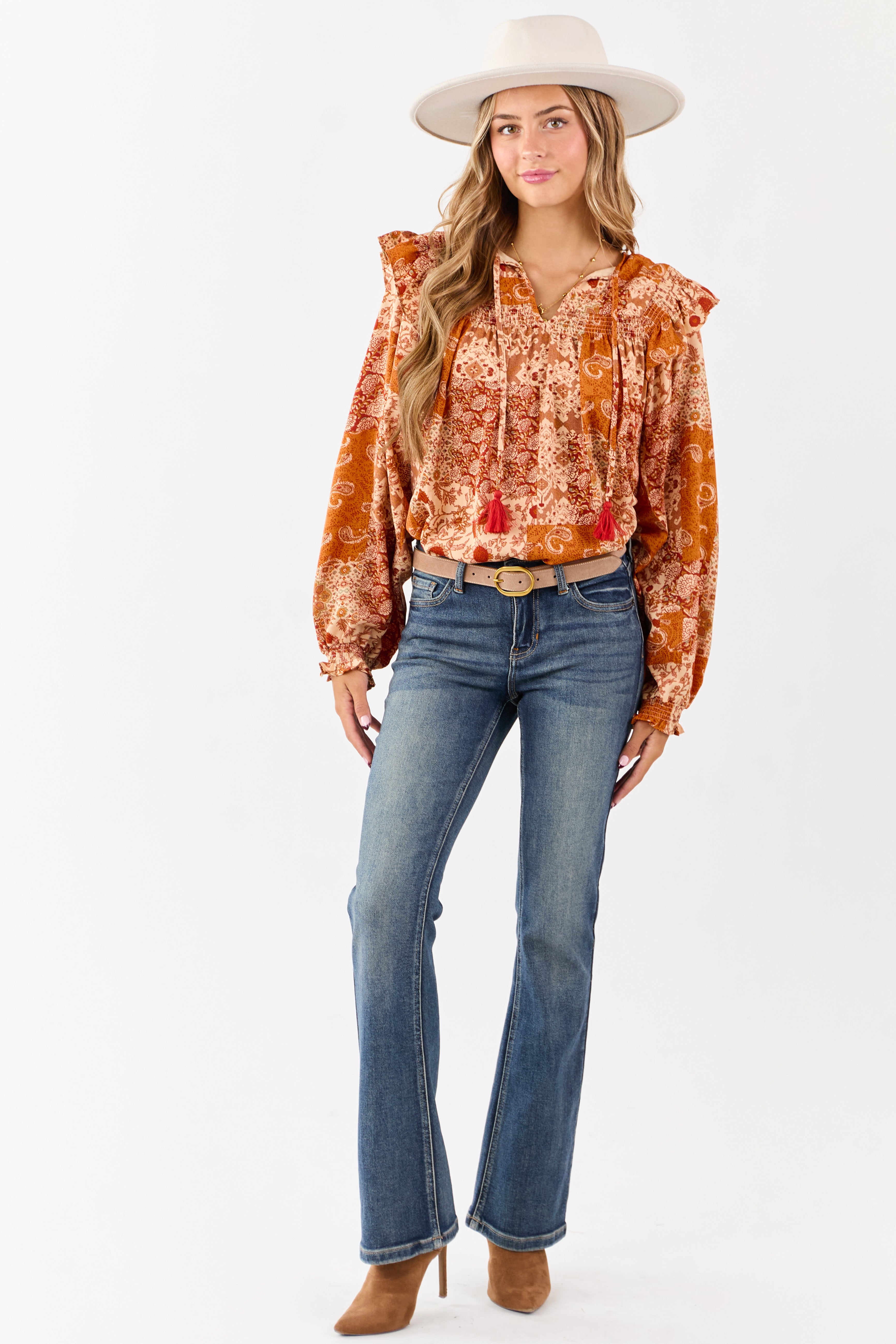 Sunrise Boho Paisley Patchwork Ruffled Cotton Blouse