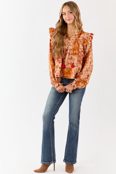 Sunrise Boho Paisley Patchwork Ruffled Cotton Blouse