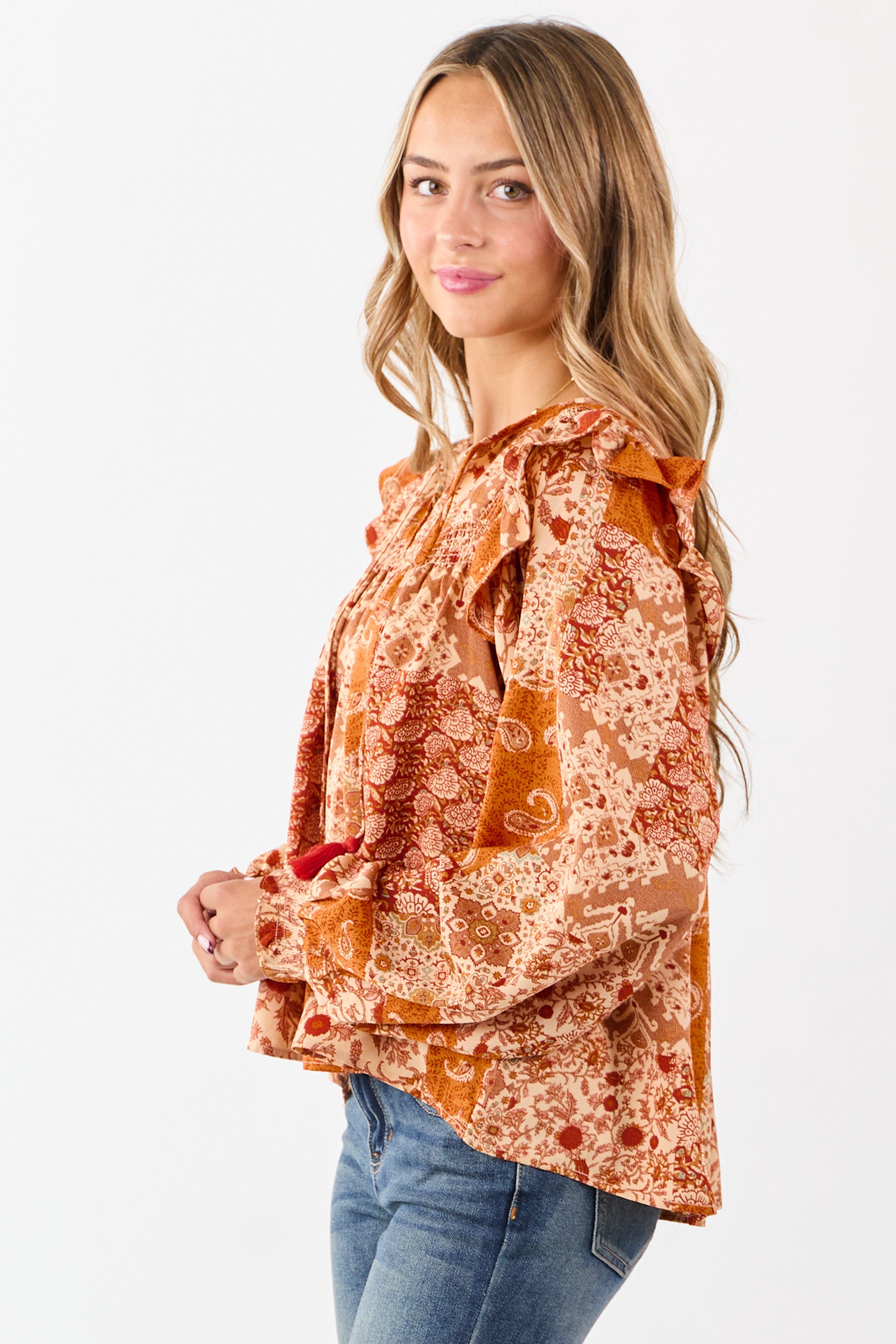 Sunrise Boho Paisley Patchwork Ruffled Cotton Blouse