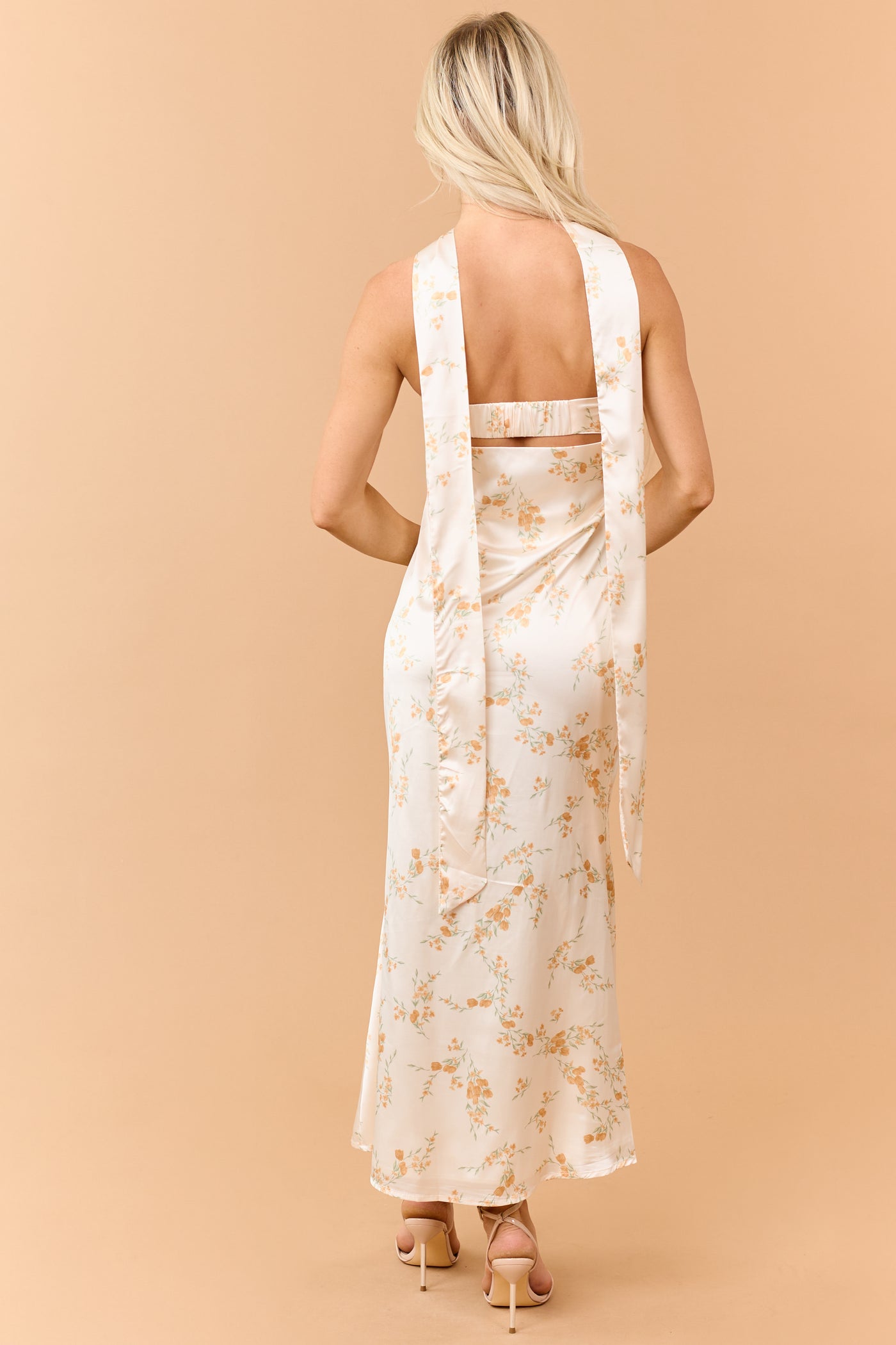 Sunrise Floral Print Satin Maxi Dress with Scarf
