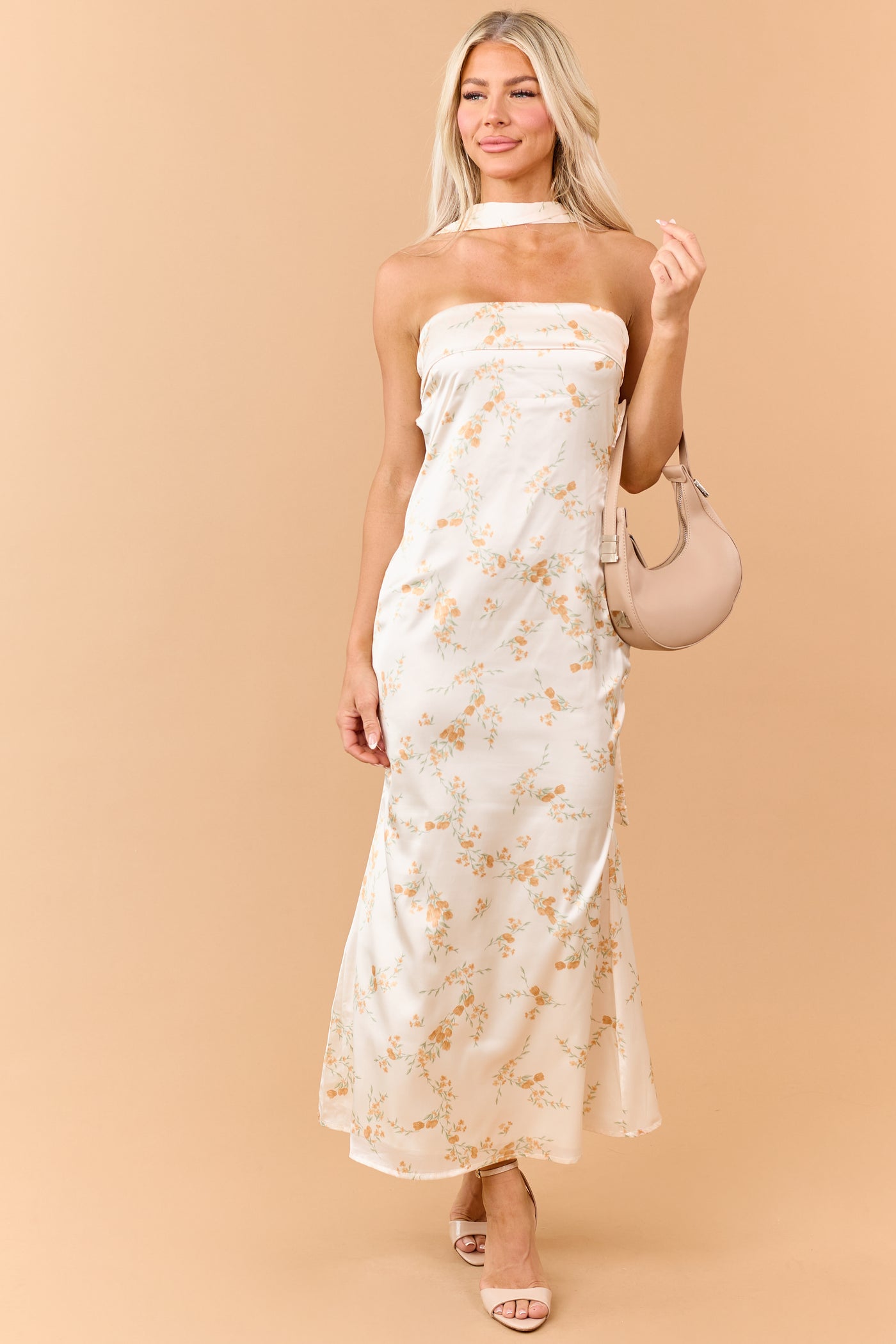 Sunrise Floral Print Satin Maxi Dress with Scarf