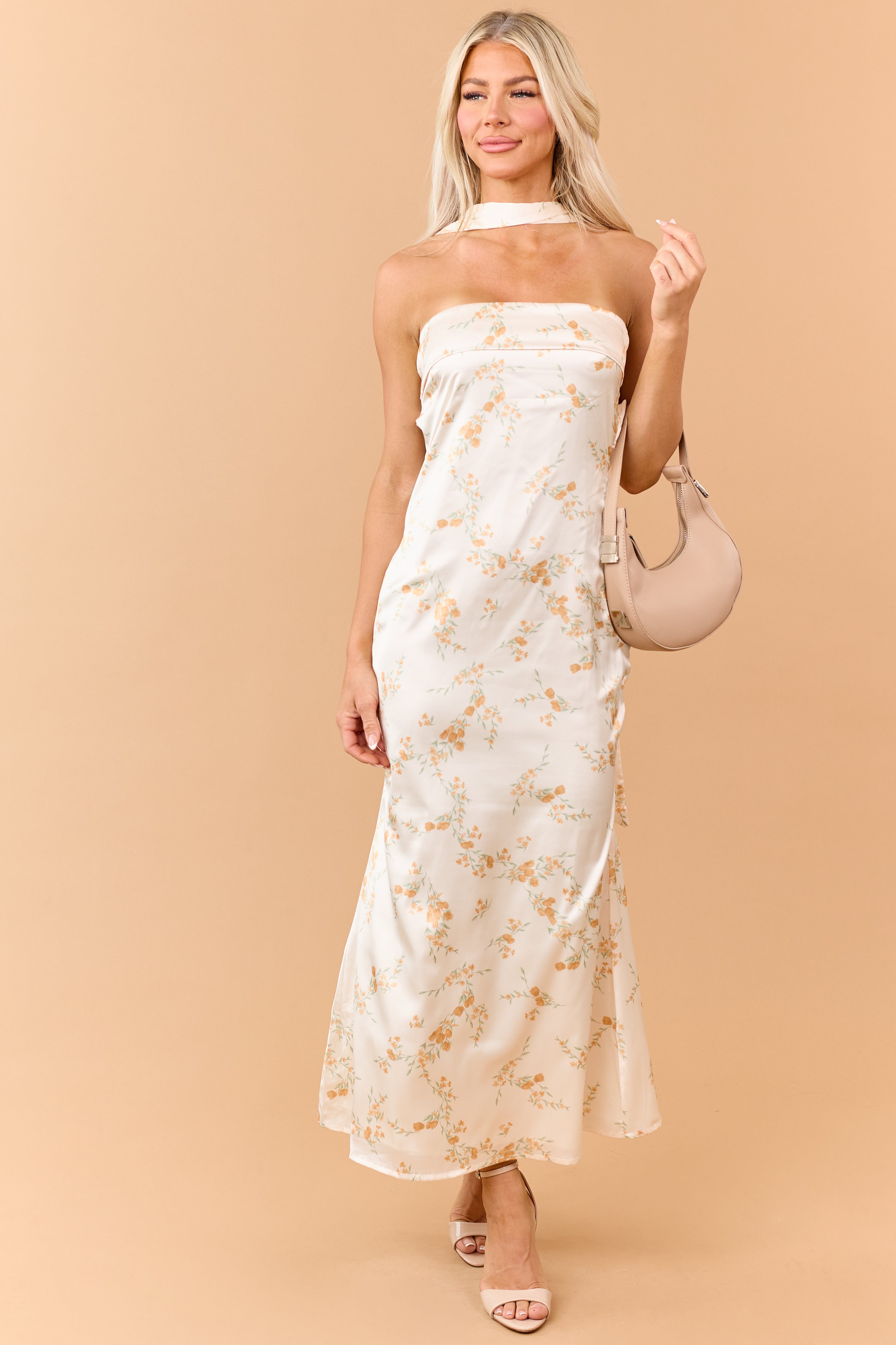 Sunrise Floral Print Satin Maxi Dress with Scarf