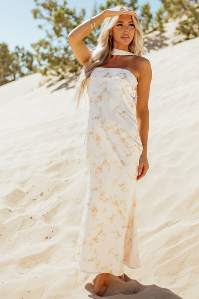 Sunrise Floral Print Satin Maxi Dress with Scarf