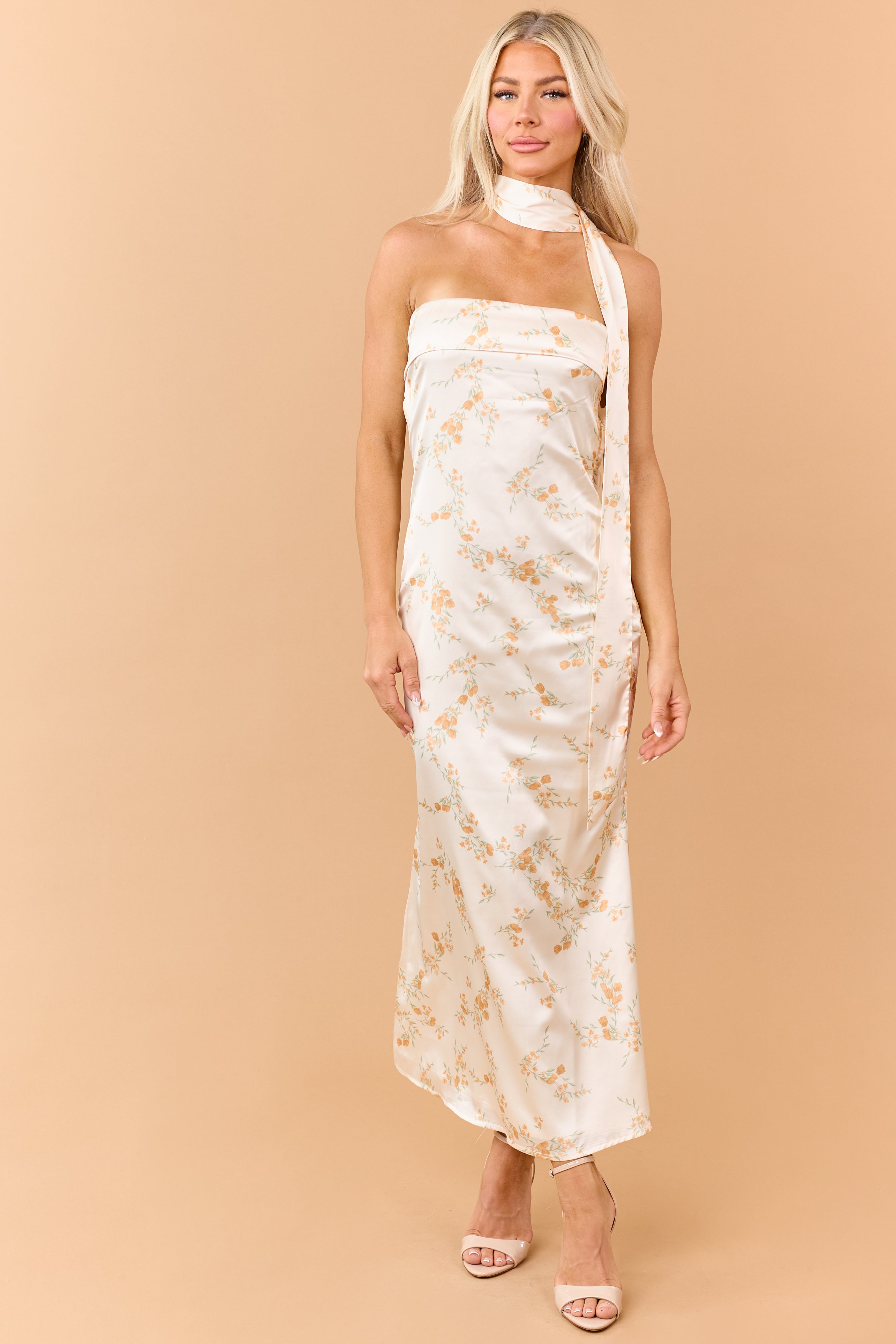 Sunrise Floral Print Satin Maxi Dress with Scarf