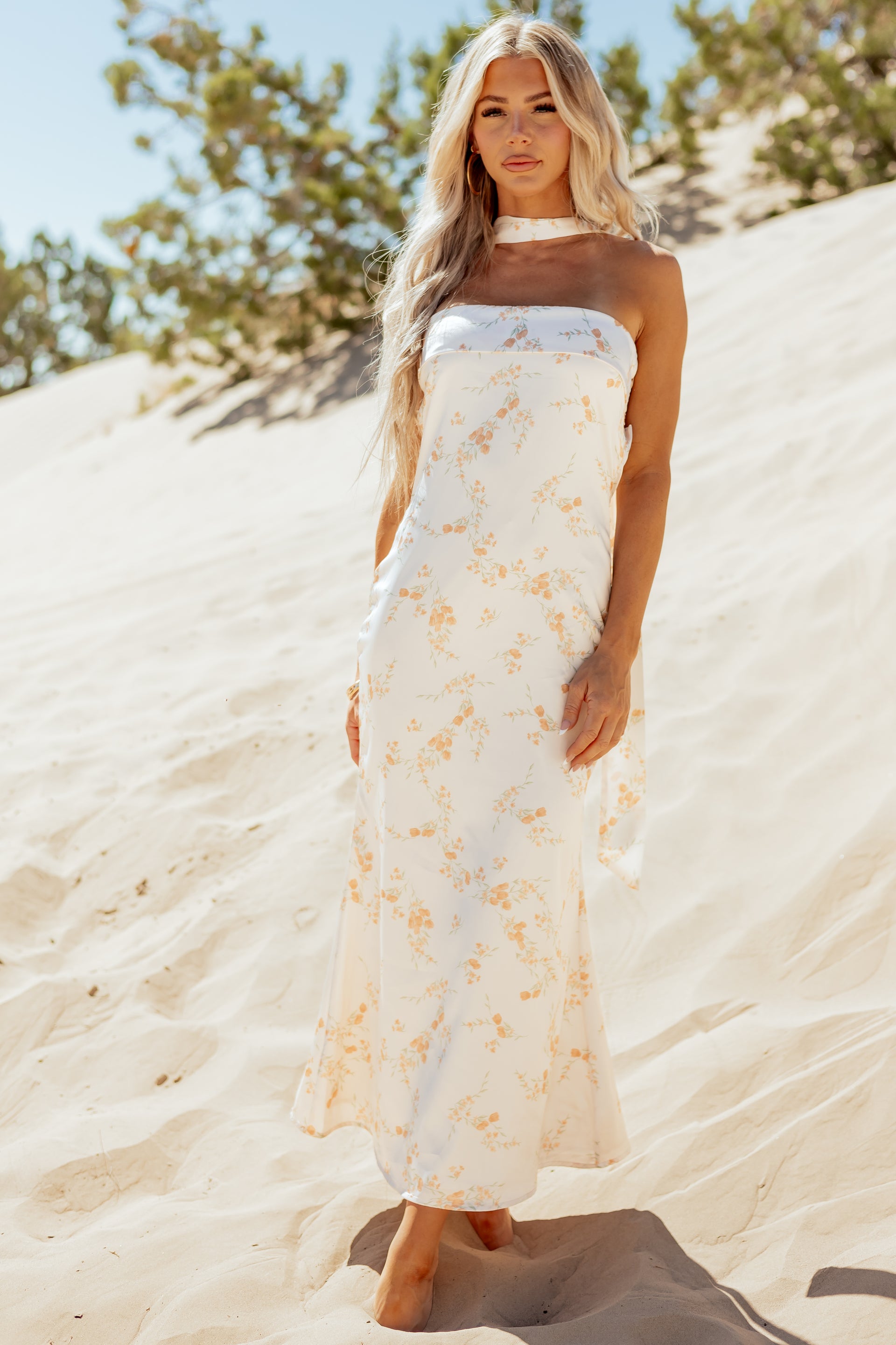 Sunrise Floral Print Satin Maxi Dress with Scarf